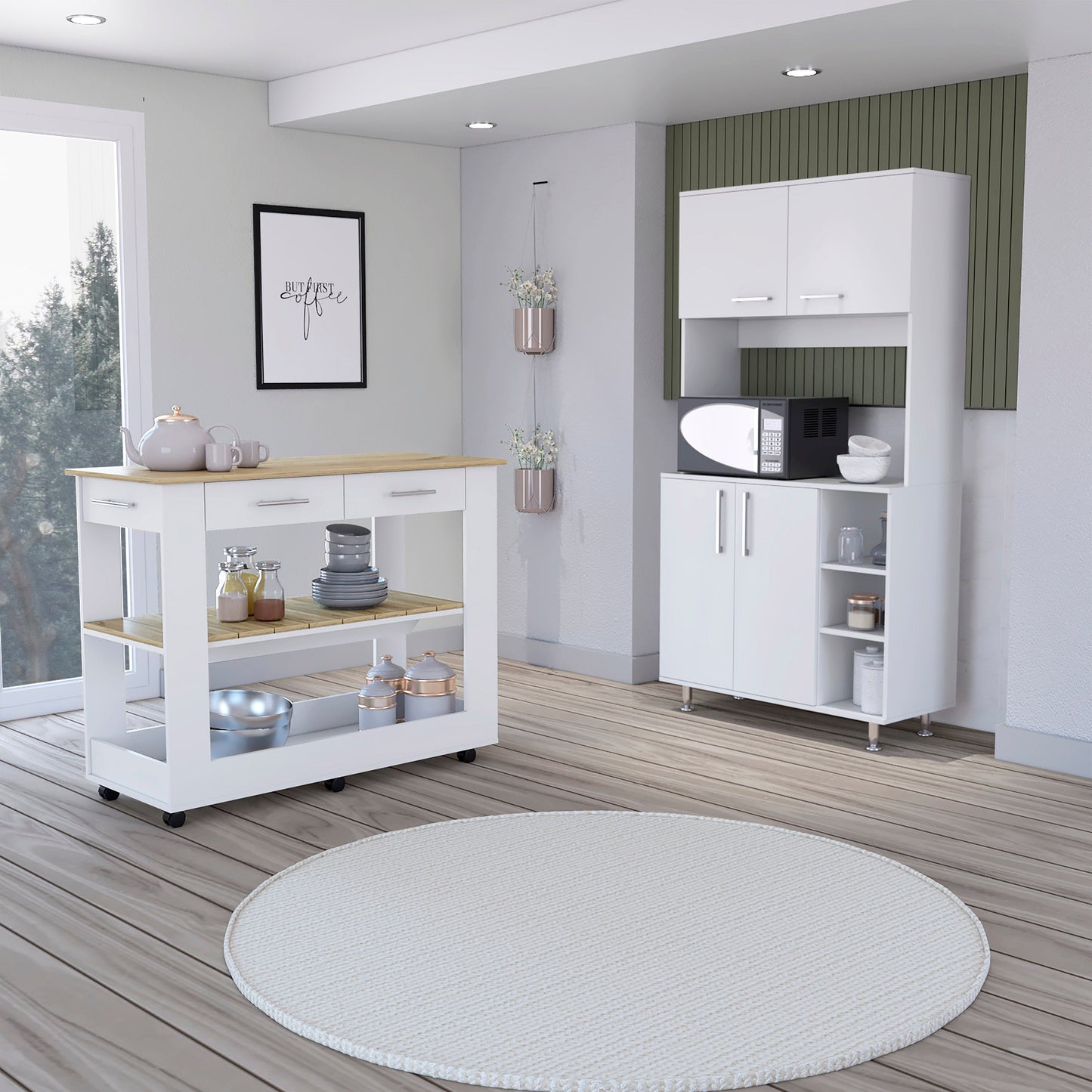 White kitchen cart with wooden countertop and three shelves featuring wheels and chrome handles