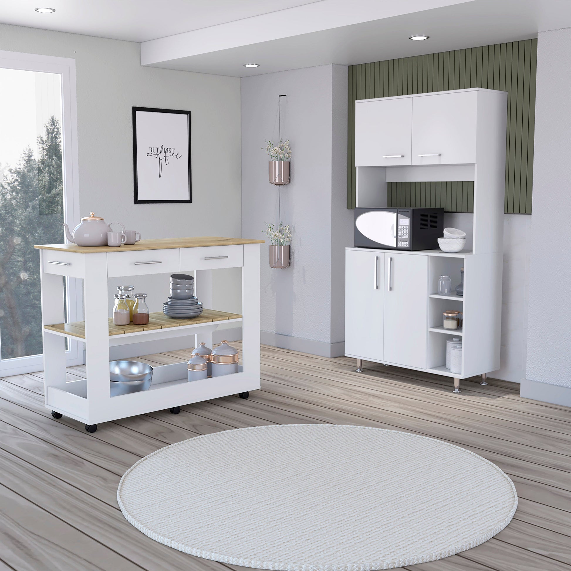 White kitchen cart with wooden countertop and three shelves featuring wheels and chrome handles
