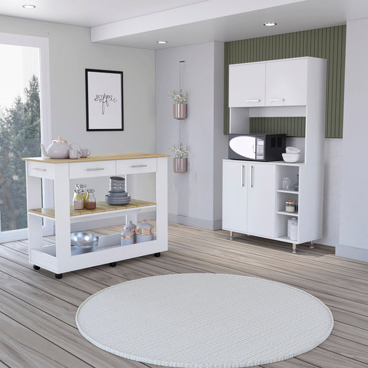 White kitchen cart with wooden countertop and three shelves featuring wheels and chrome handles