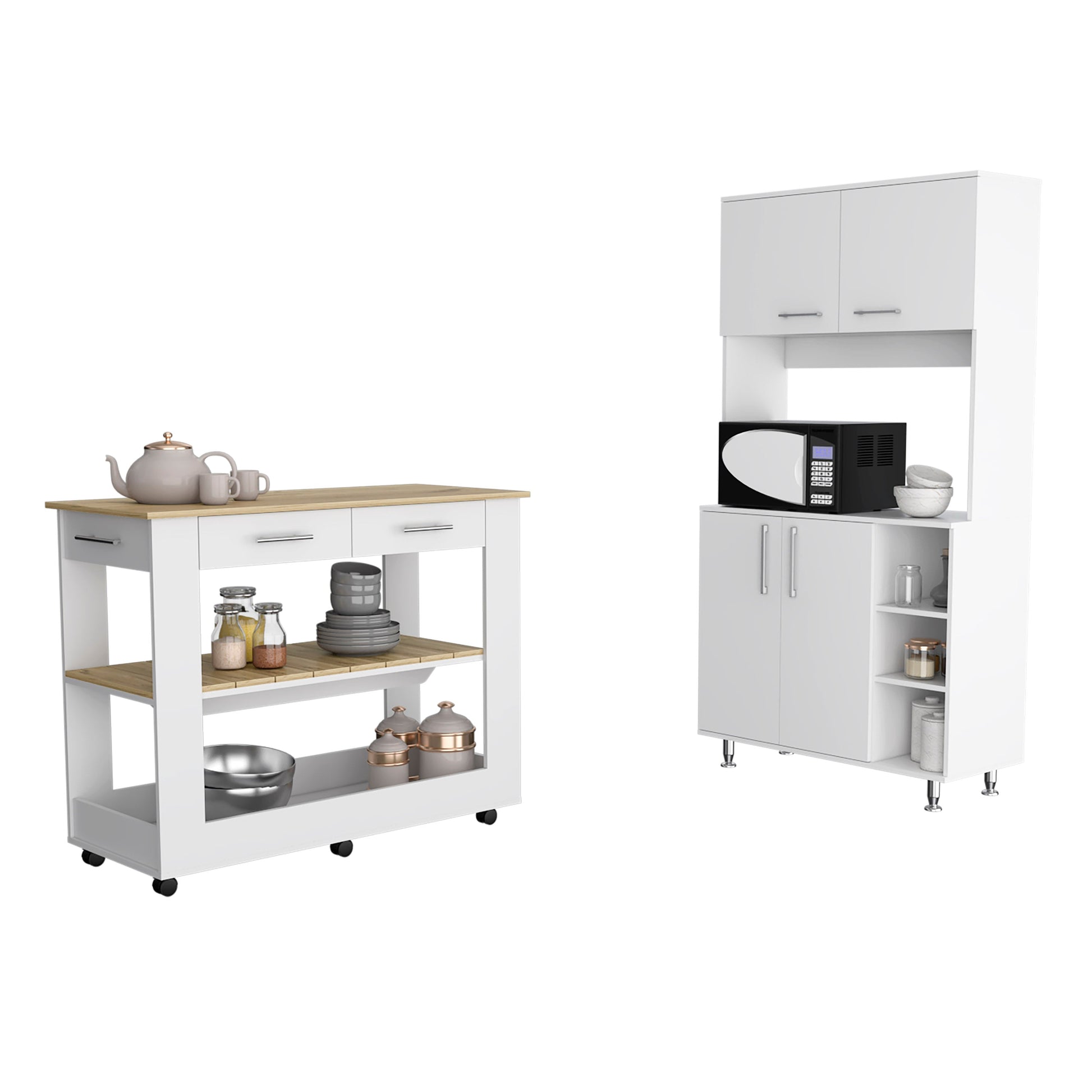White kitchen island cart with wooden top drawers and open shelves for storage