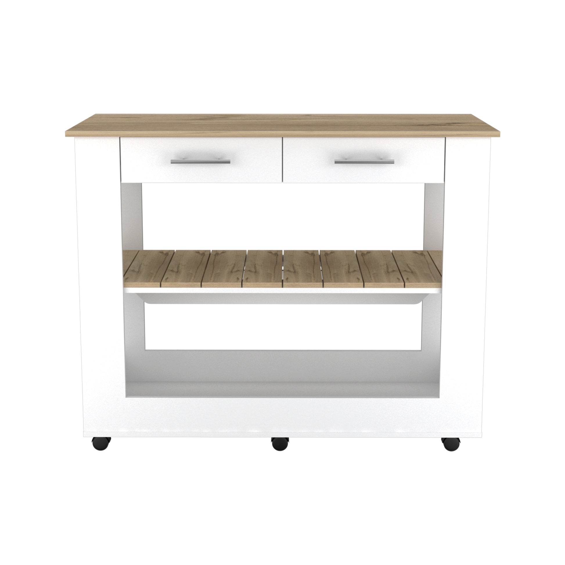 White kitchen island cart with two drawers wooden top and slatted shelf on wheels
