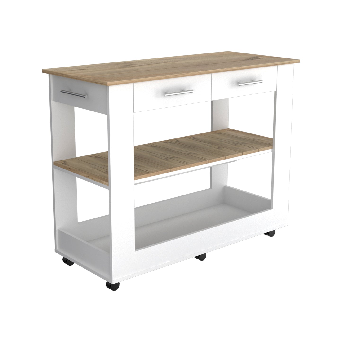 White and wood kitchen cart with two drawers and open shelves on wheels