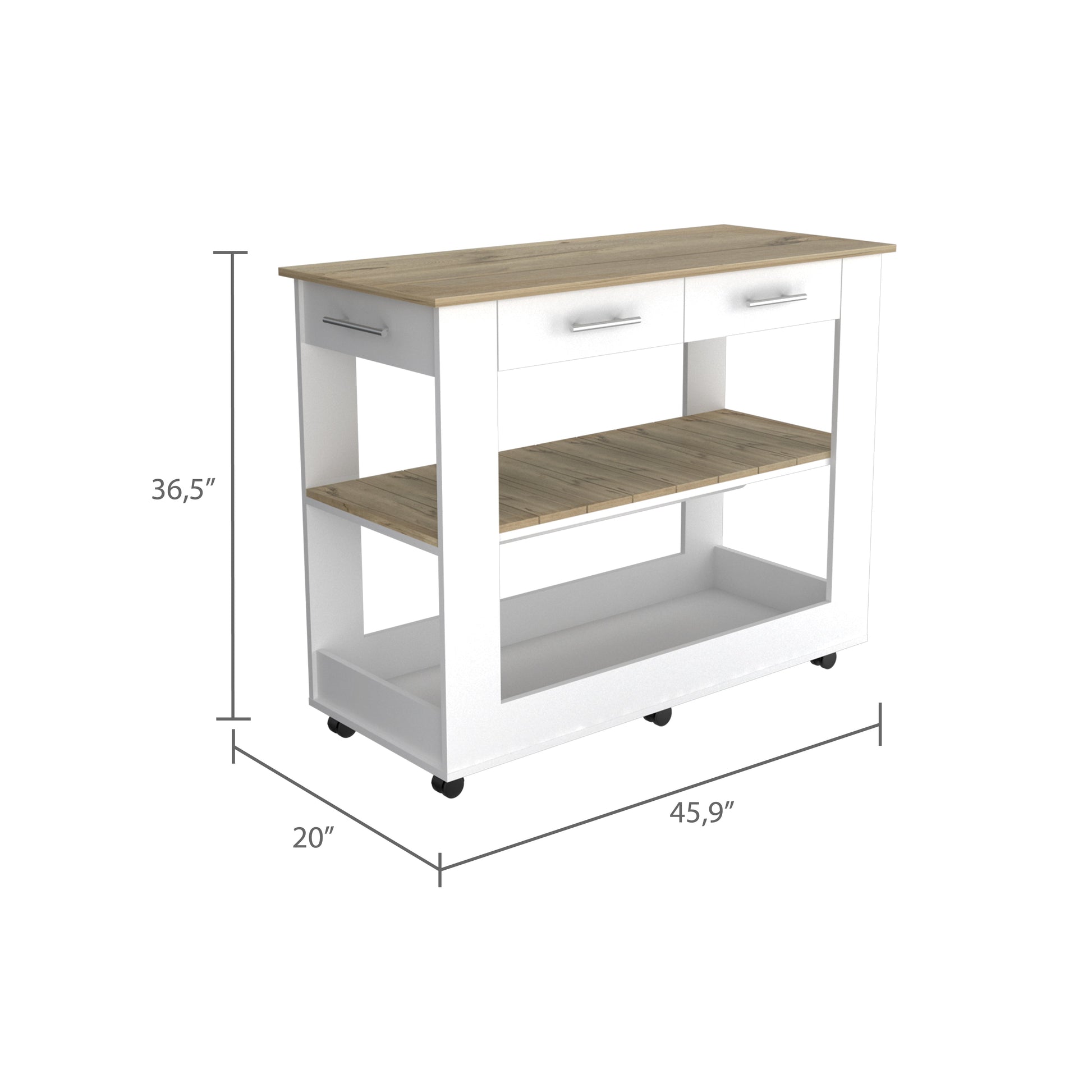 White kitchen island cart with woodlook top and shelves featuring two drawers and wheels