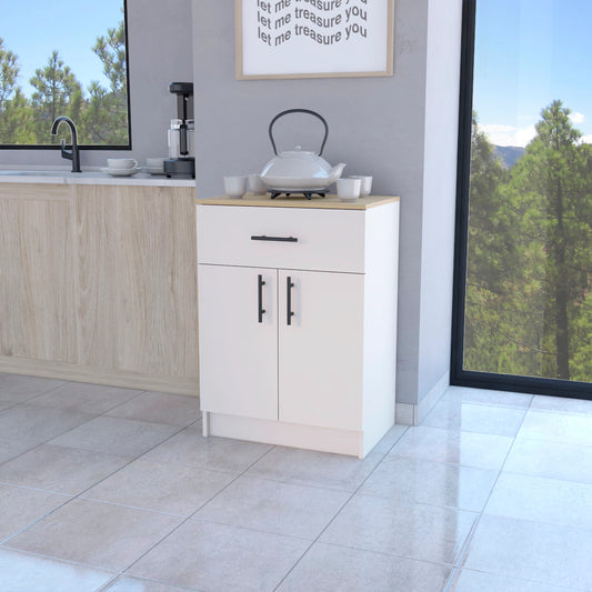White kitchen cabinet with black hardware featuring a drawer and two doors perfect for small kitchens