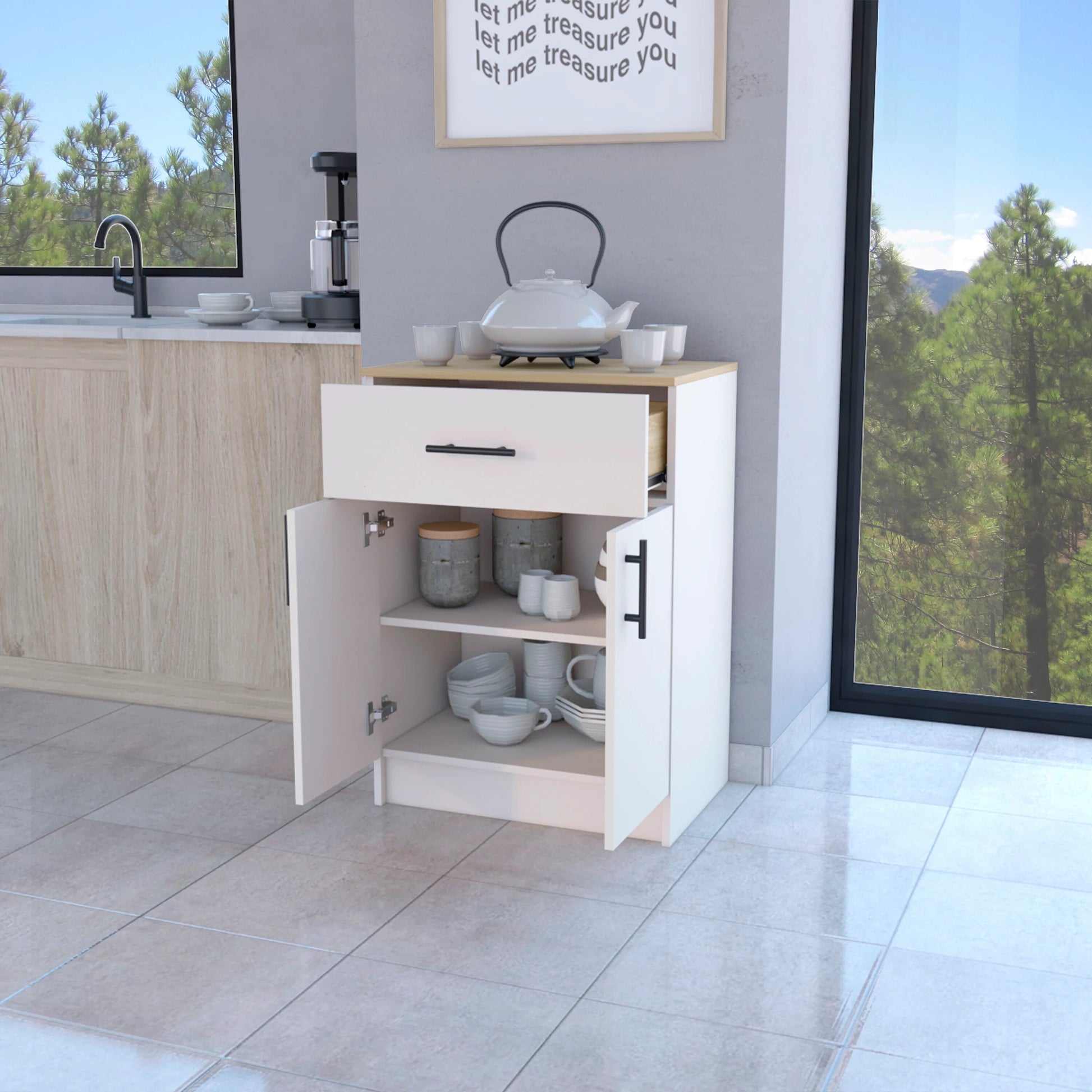 White kitchen cart with natural wood top one drawer and two cabinet doors holding mugs and decor