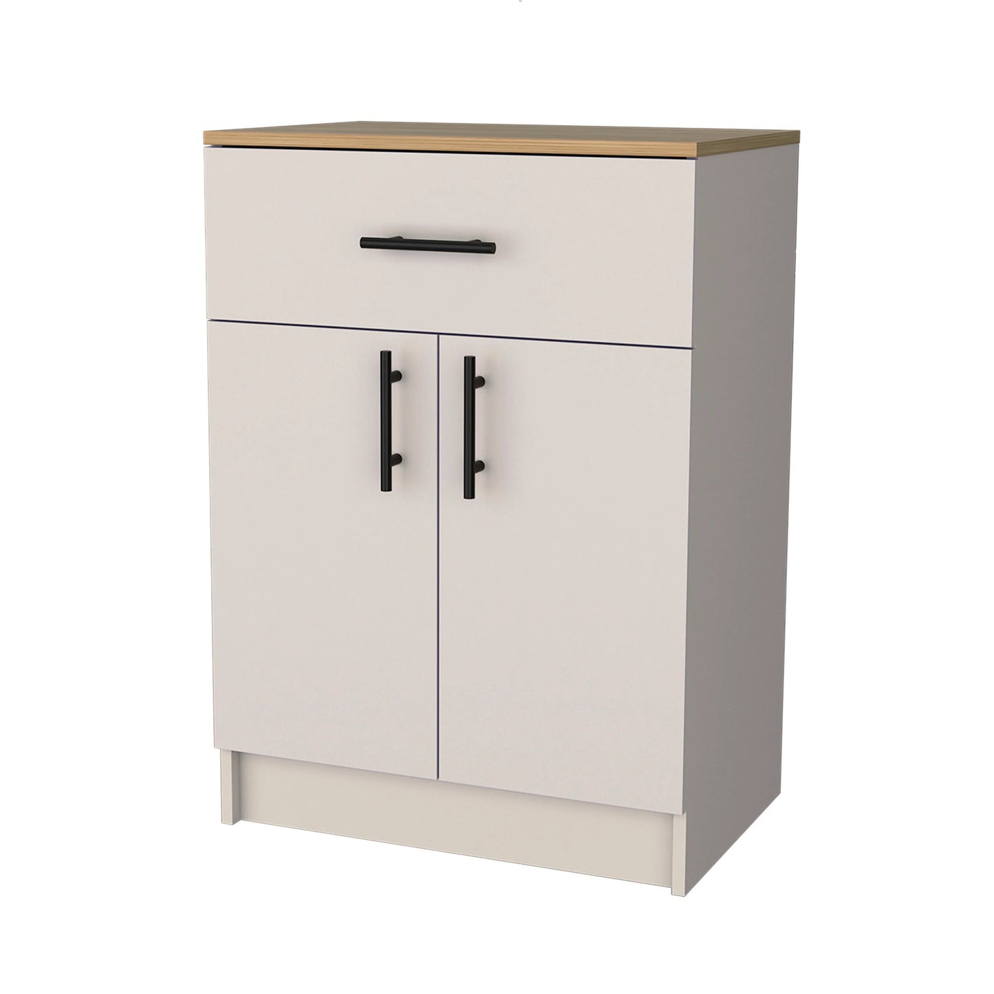 Compact light gray storage cabinet with a single drawer and two doors