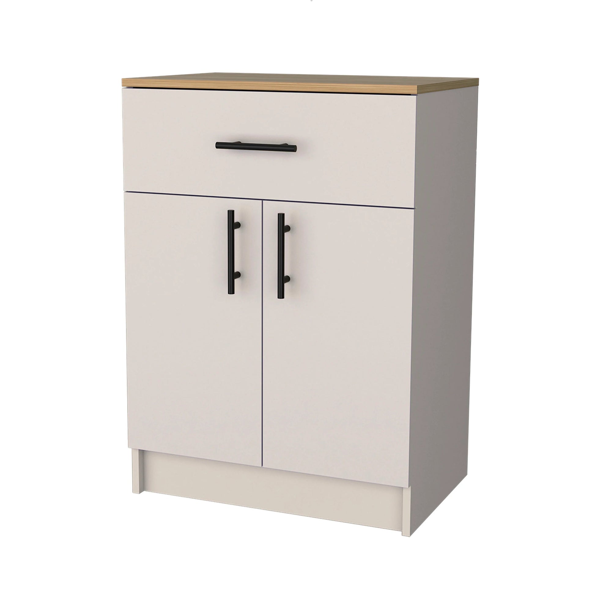 Compact light gray storage cabinet with a single drawer and two doors