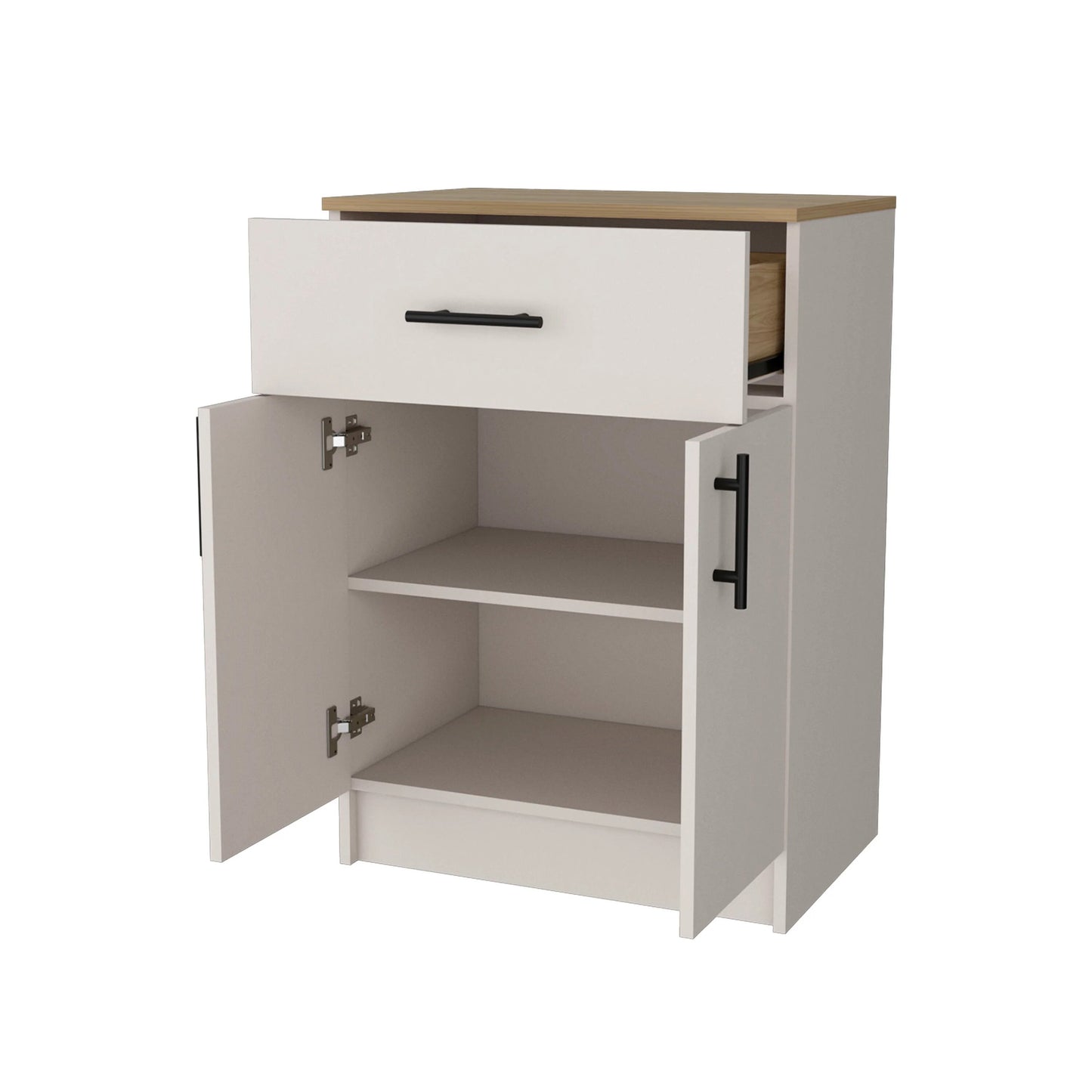 White and wood accent twodoor cabinet with black handles and open drawer