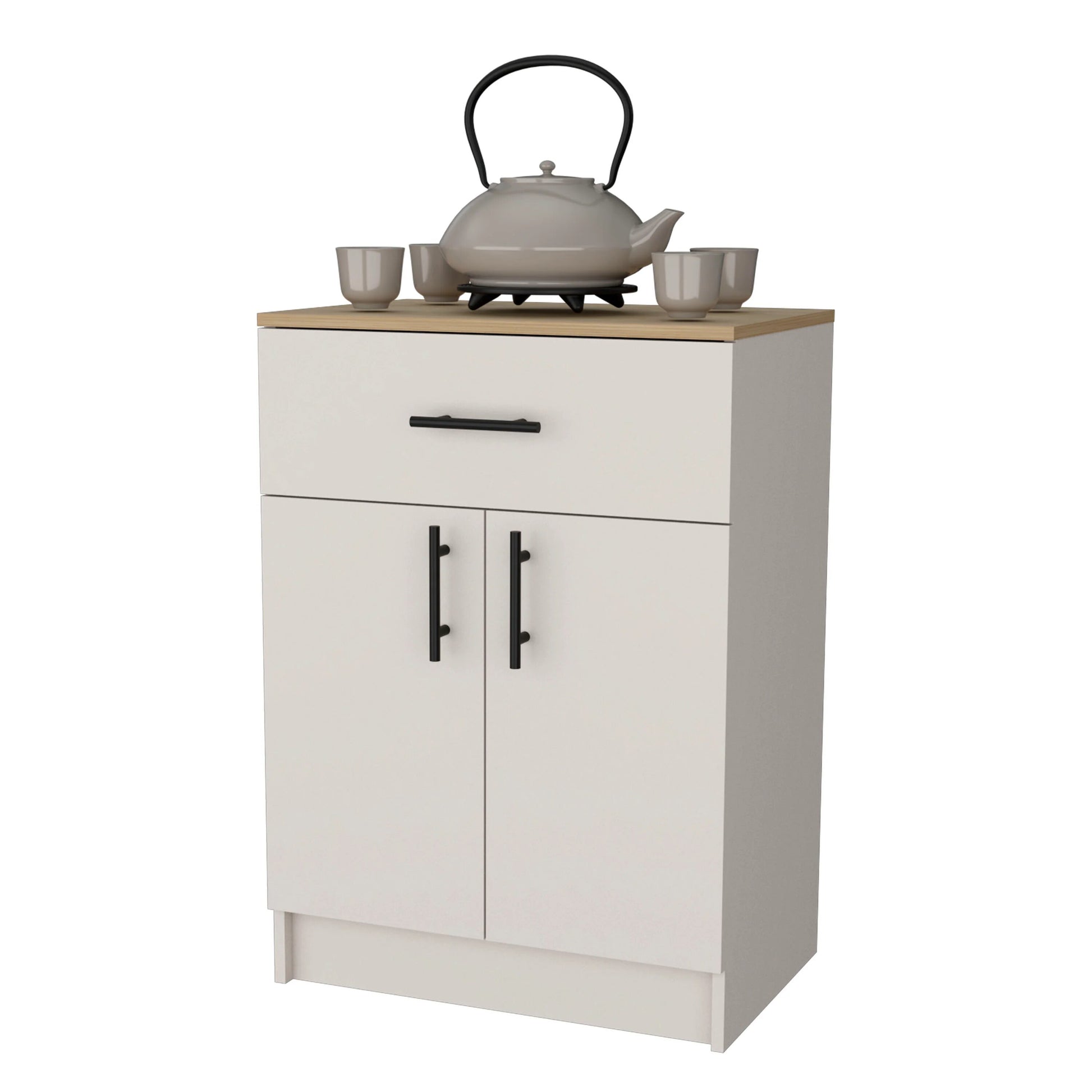 White kitchen cabinet with wooden top black drawer handle and dual door cabinet with black pulls