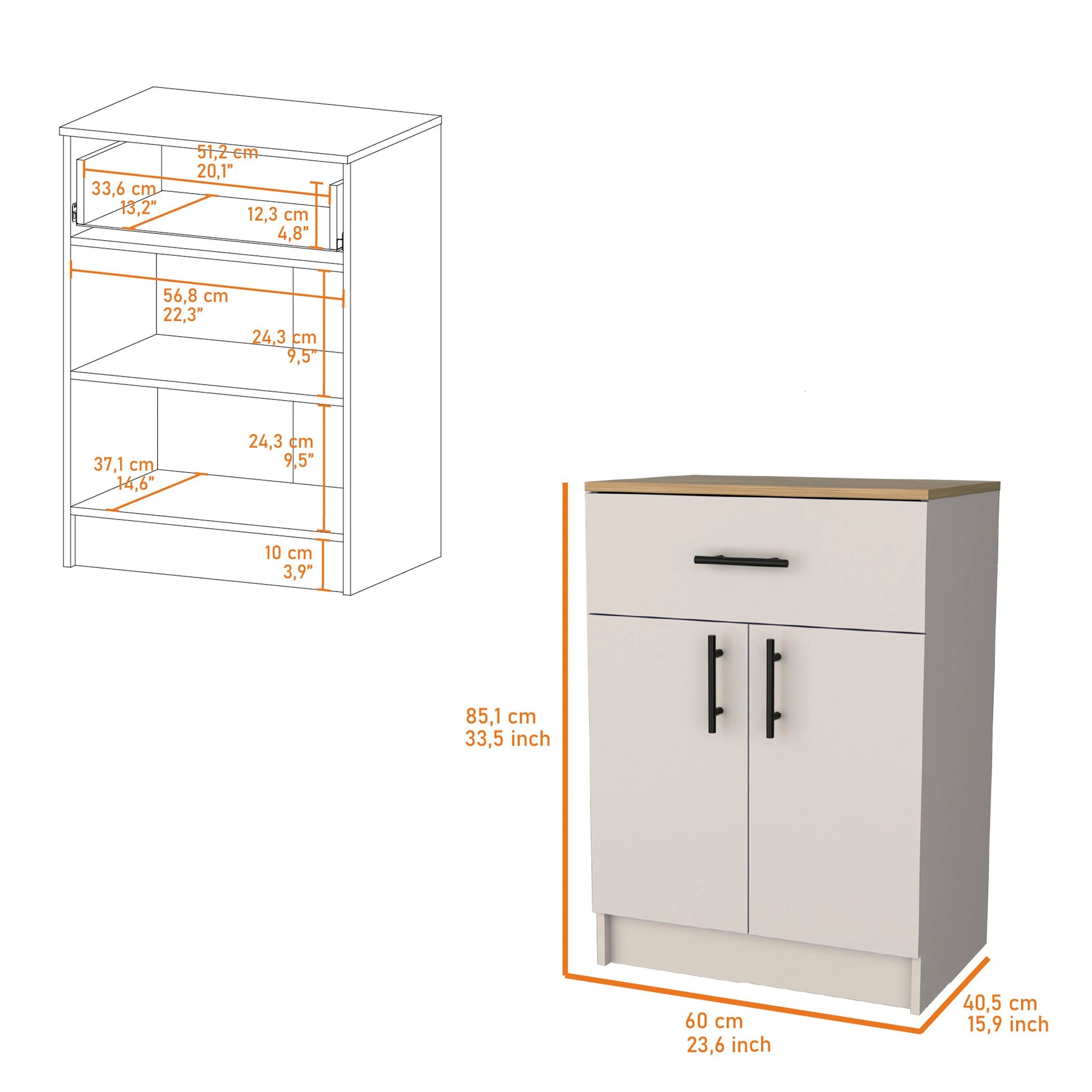 White twodoor cabinet with one drawer and a woodeffect top cm high