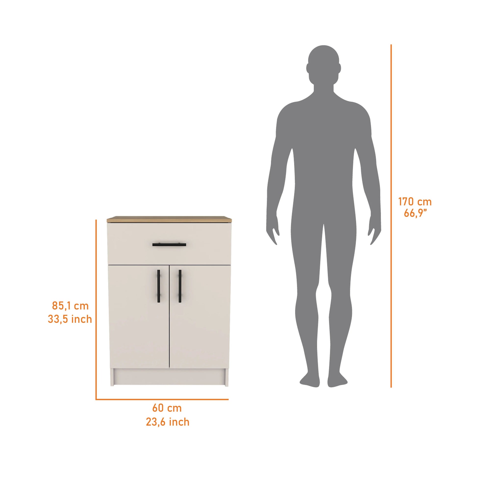 Modern beige bedside cabinet with a woodeffect top and two doors