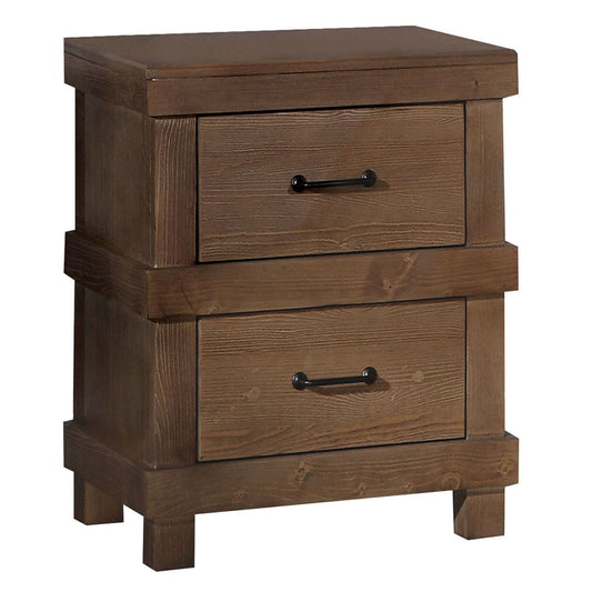 Rustic brown wood twodrawer nightstand with black pulls