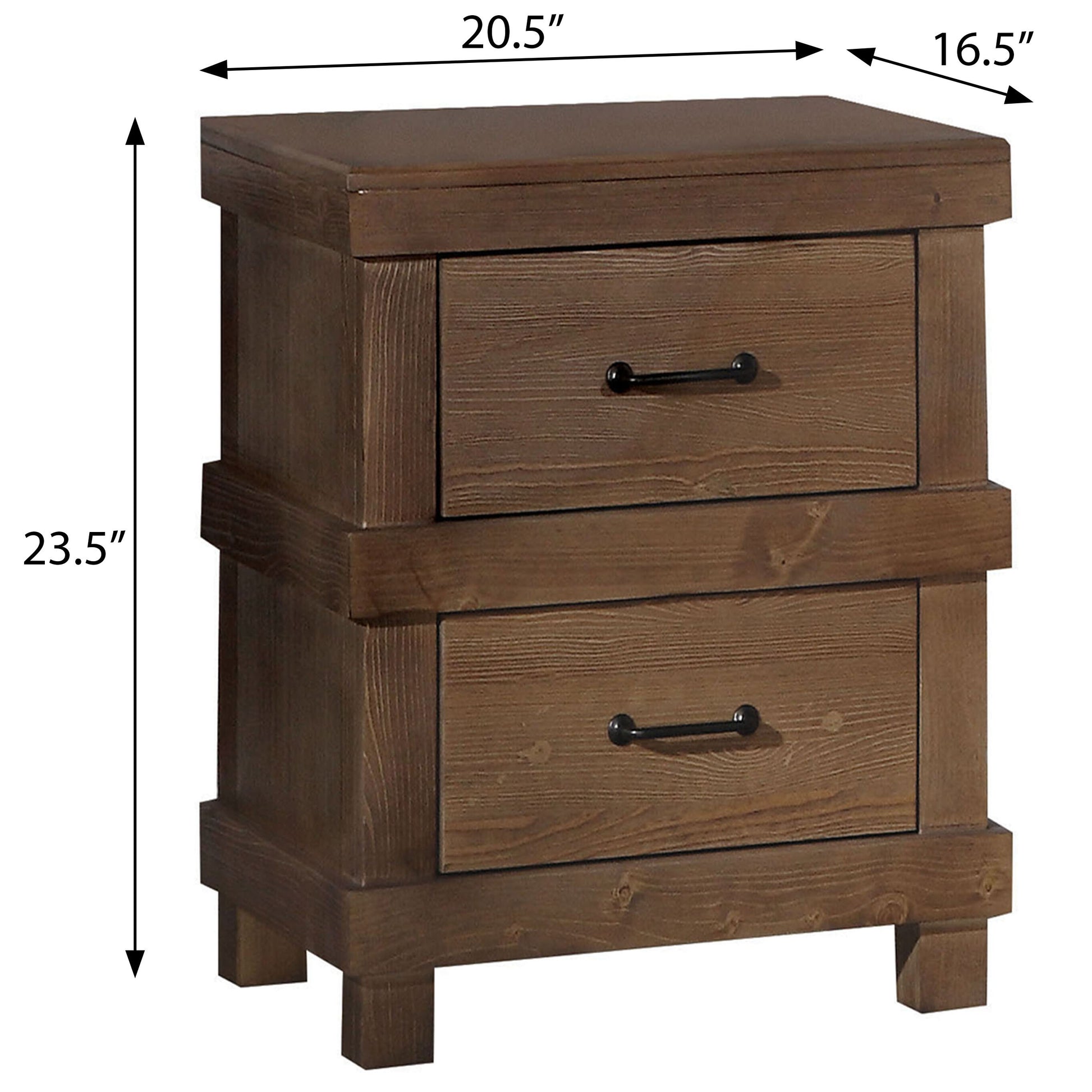 Rustic brown twodrawer wooden nightstand with black knobs perfect for bedroom storage