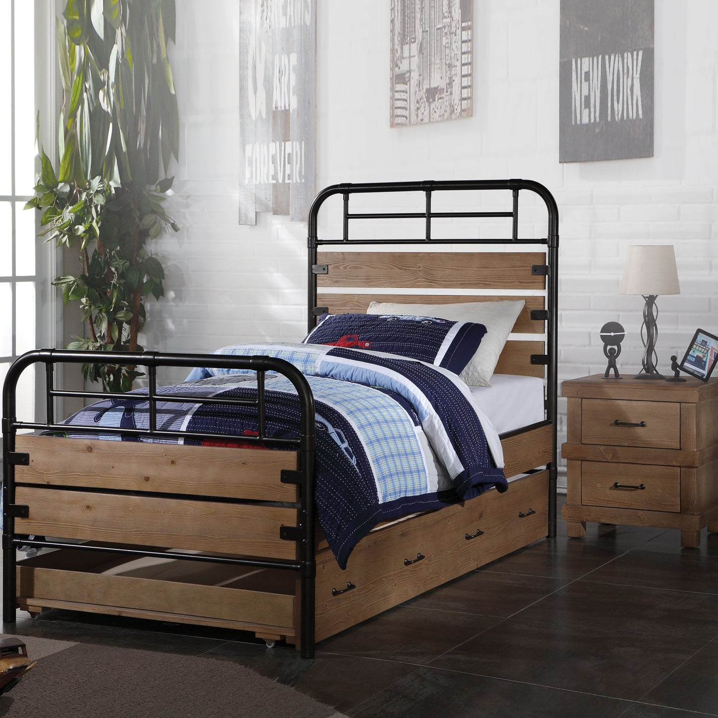 Rustic twin bed with natural wood and black metal frame featuring ample storage drawers