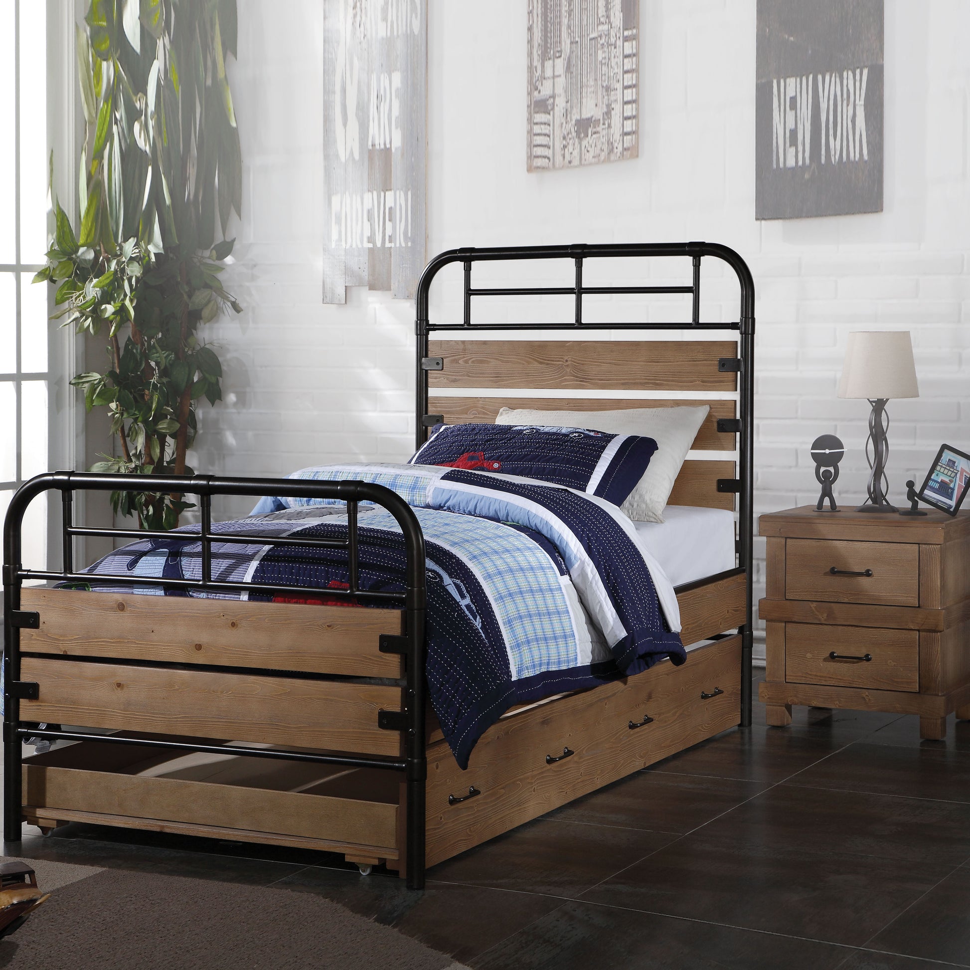 Rustic twin bed with natural wood and black metal frame featuring ample storage drawers
