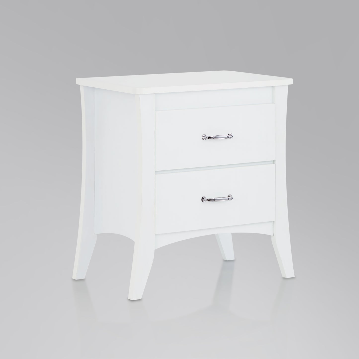 White twodrawer nightstand with sleek silver hardware and curved legs for a modern bedroom