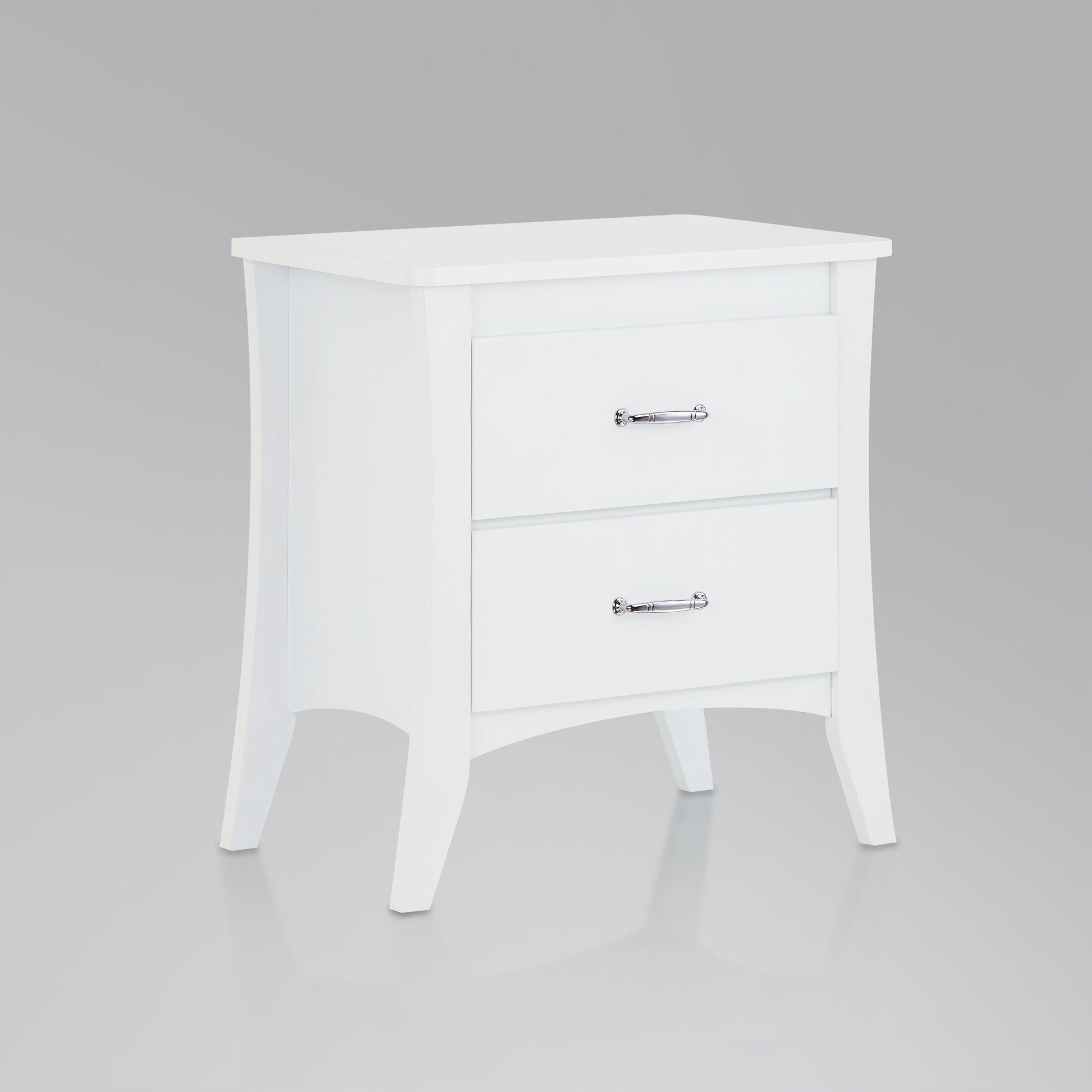 White twodrawer nightstand with sleek silver hardware and curved legs for a modern bedroom