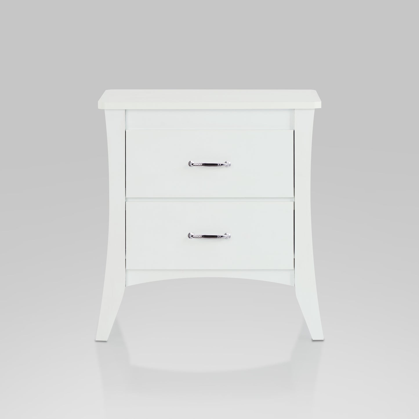 Elegant white twodrawer nightstand with chrome hardware
