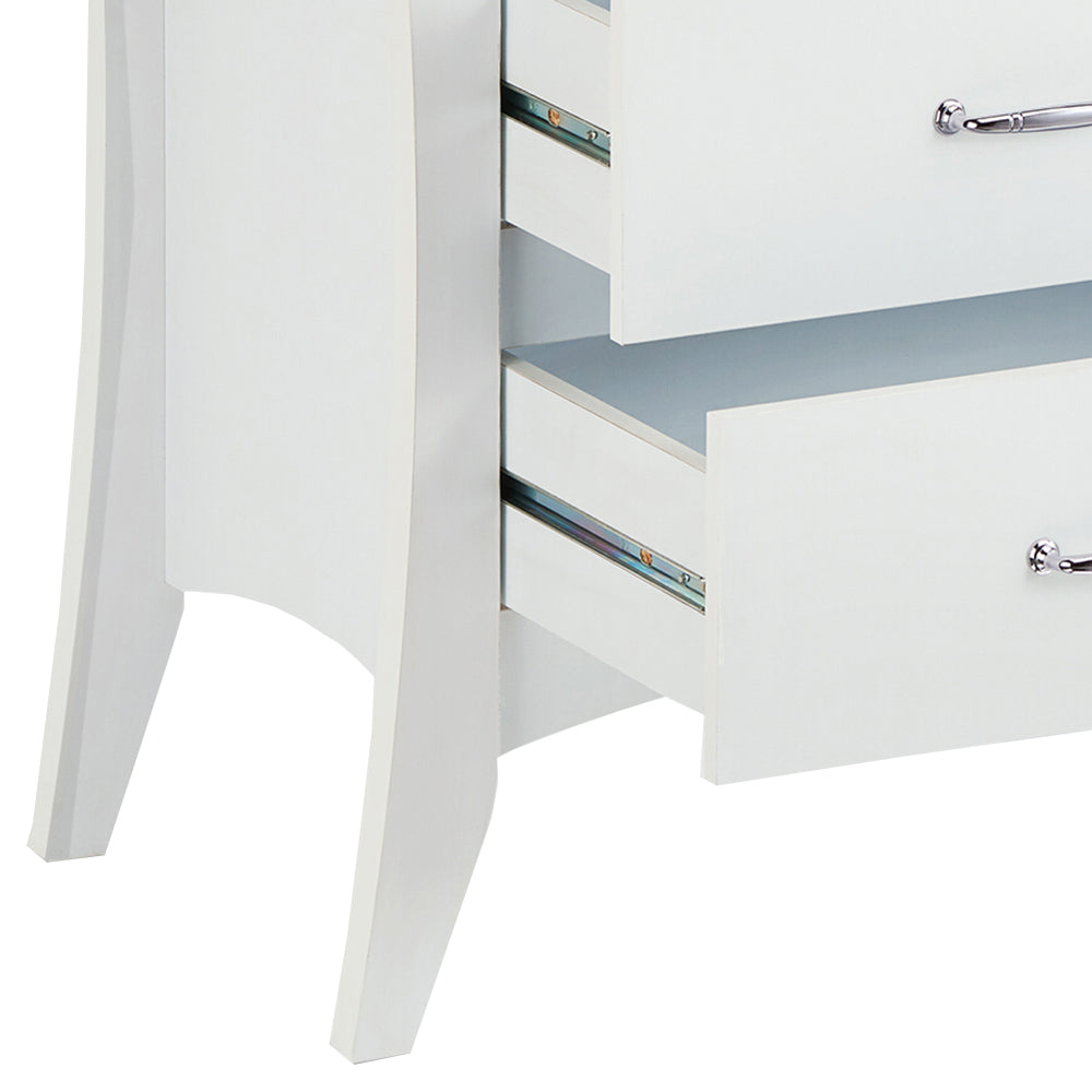White modern dresser with two drawers partially open showing metal glides