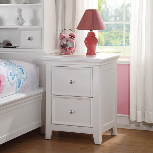 White wooden nightstand with two drawers featuring silver knobs and decorative molding