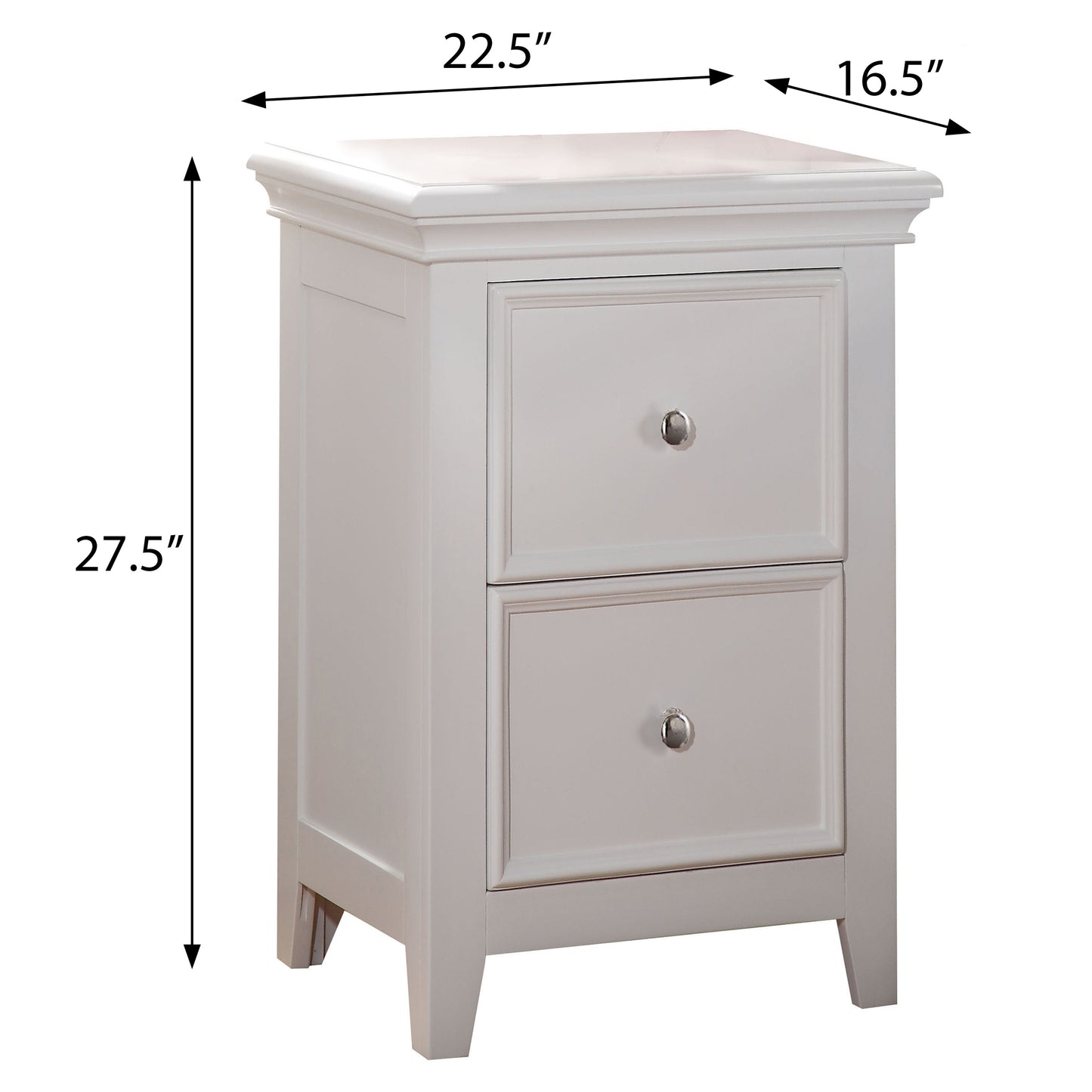 White twodrawer nightstand with silver knobs and tapered legs