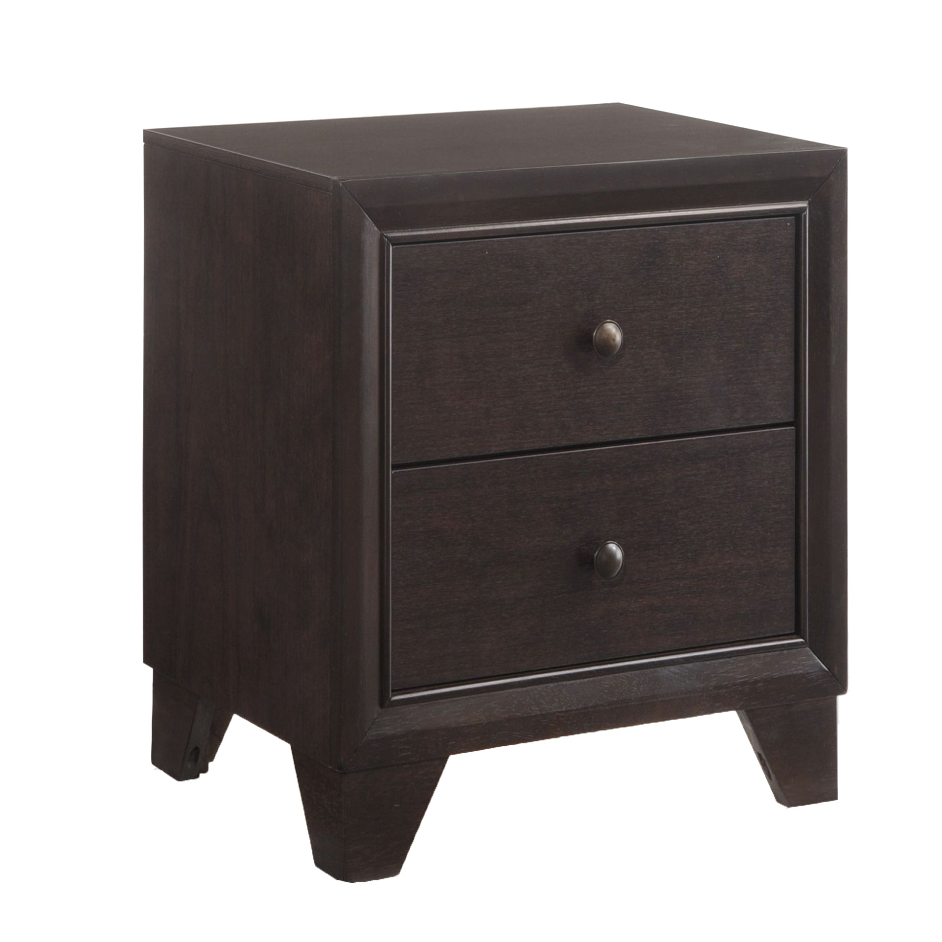 Dark espresso wood nightstand with two drawers and brushed nickel knobs