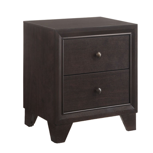 Dark espresso wood nightstand with two drawers and brushed nickel knobs