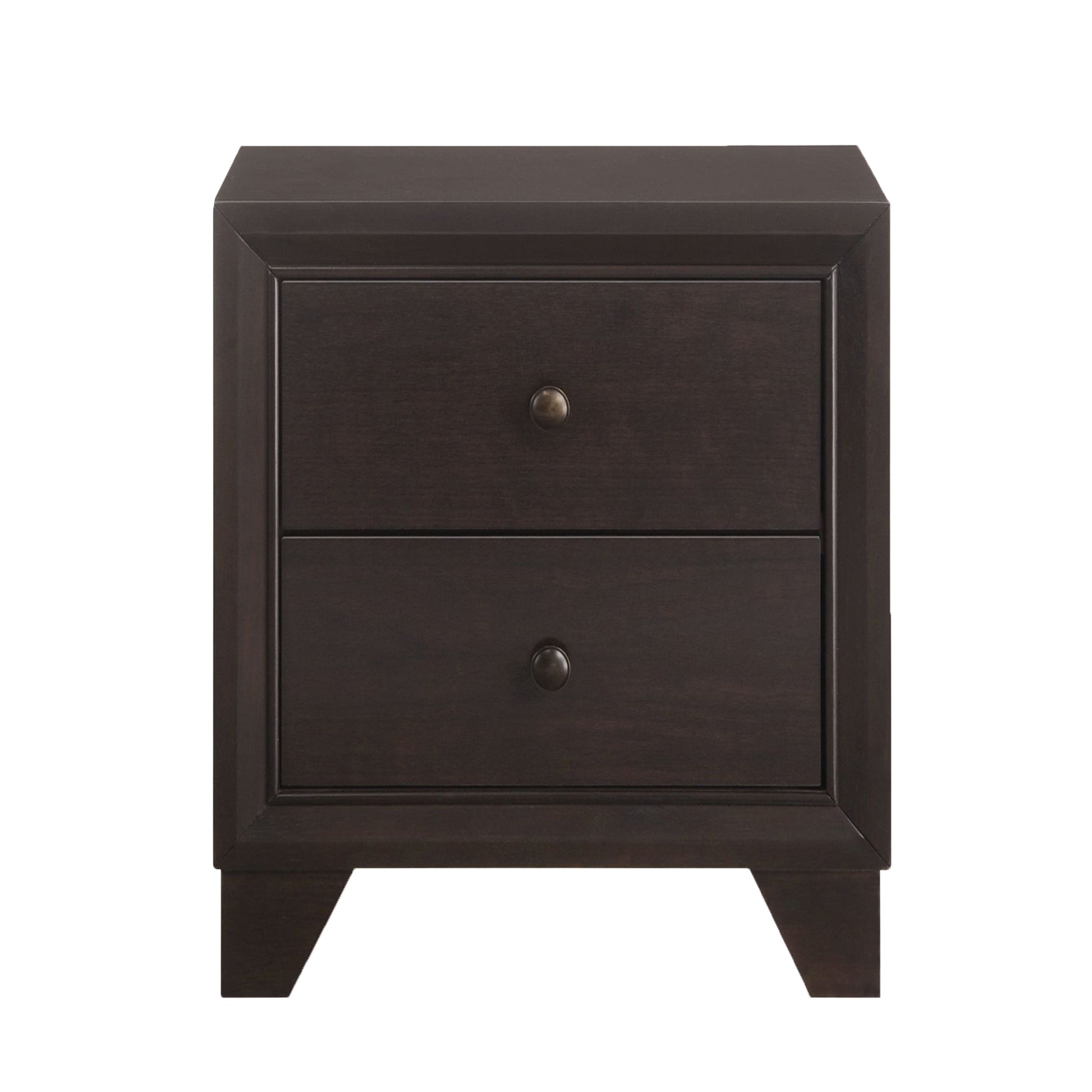 Dark brown wooden nightstand with two drawers and bronze knobs