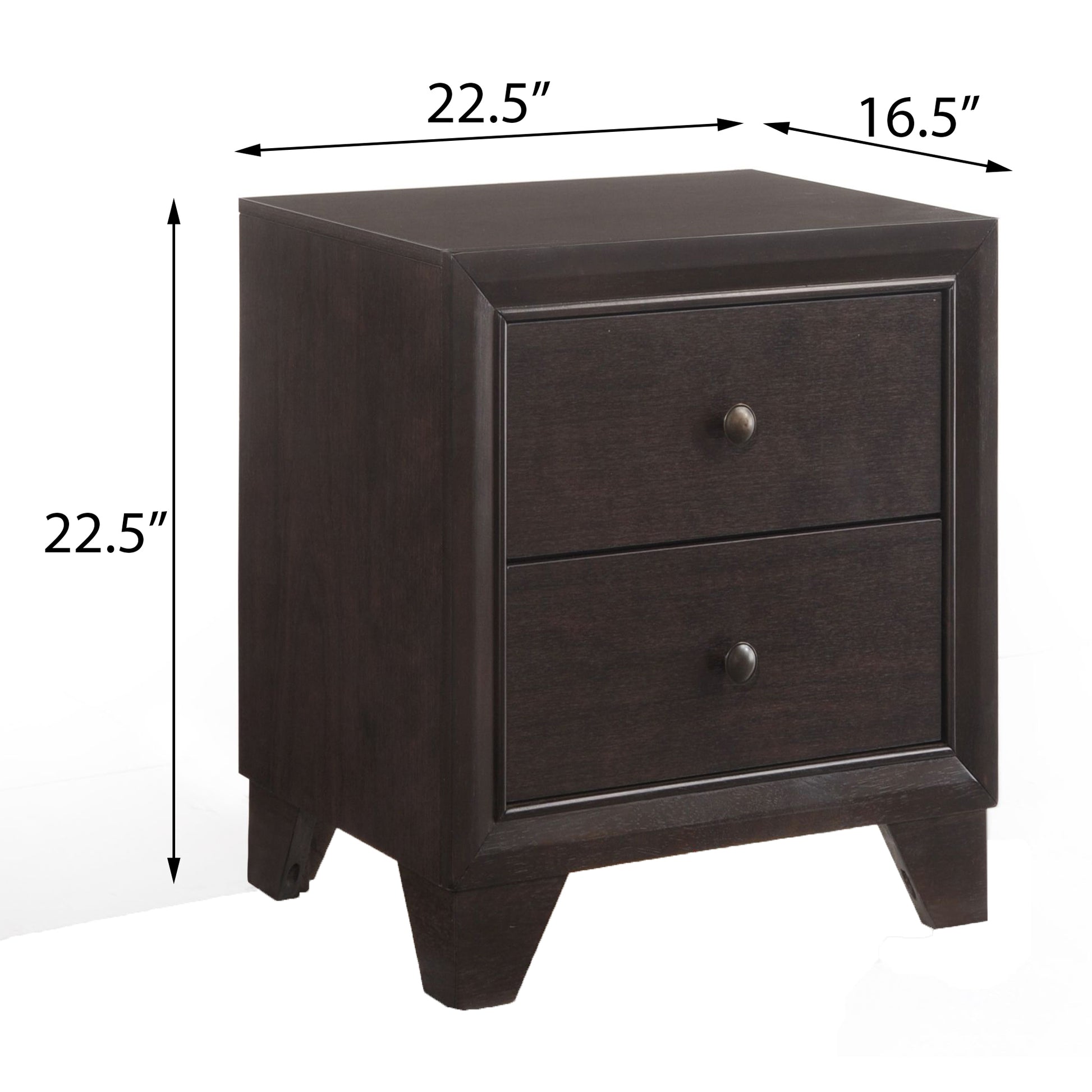 Dark brown wood nightstand with two drawers and brass knobs  H x  W