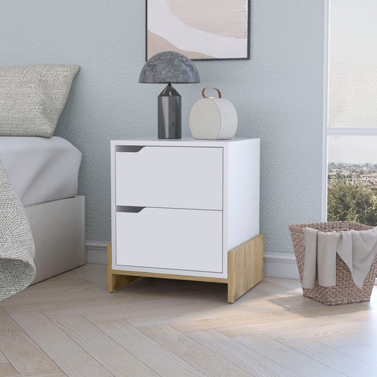 White twodrawer modern nightstand with wood accent base