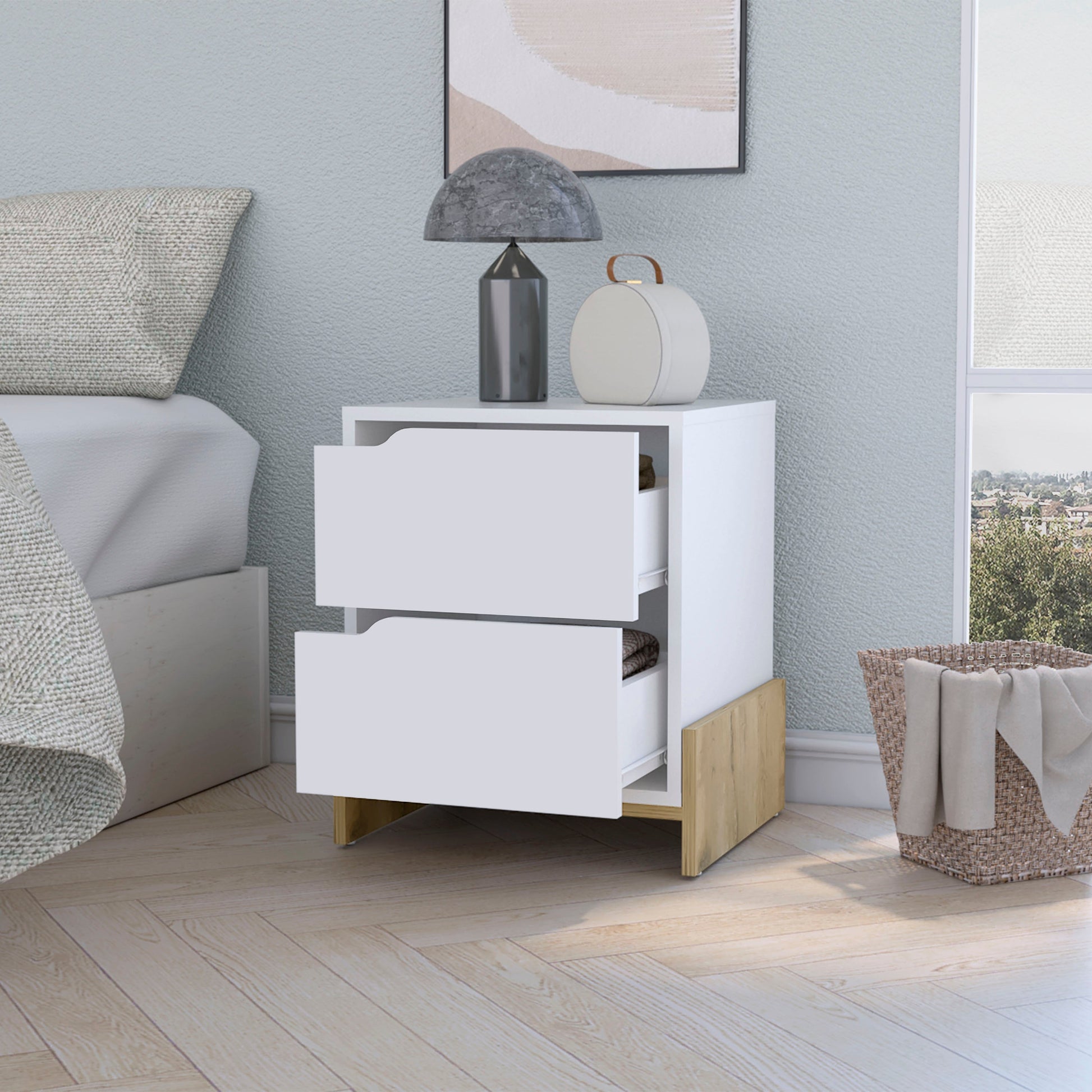 White twodrawer modern nightstand with wood accent base perfect for bedside storage