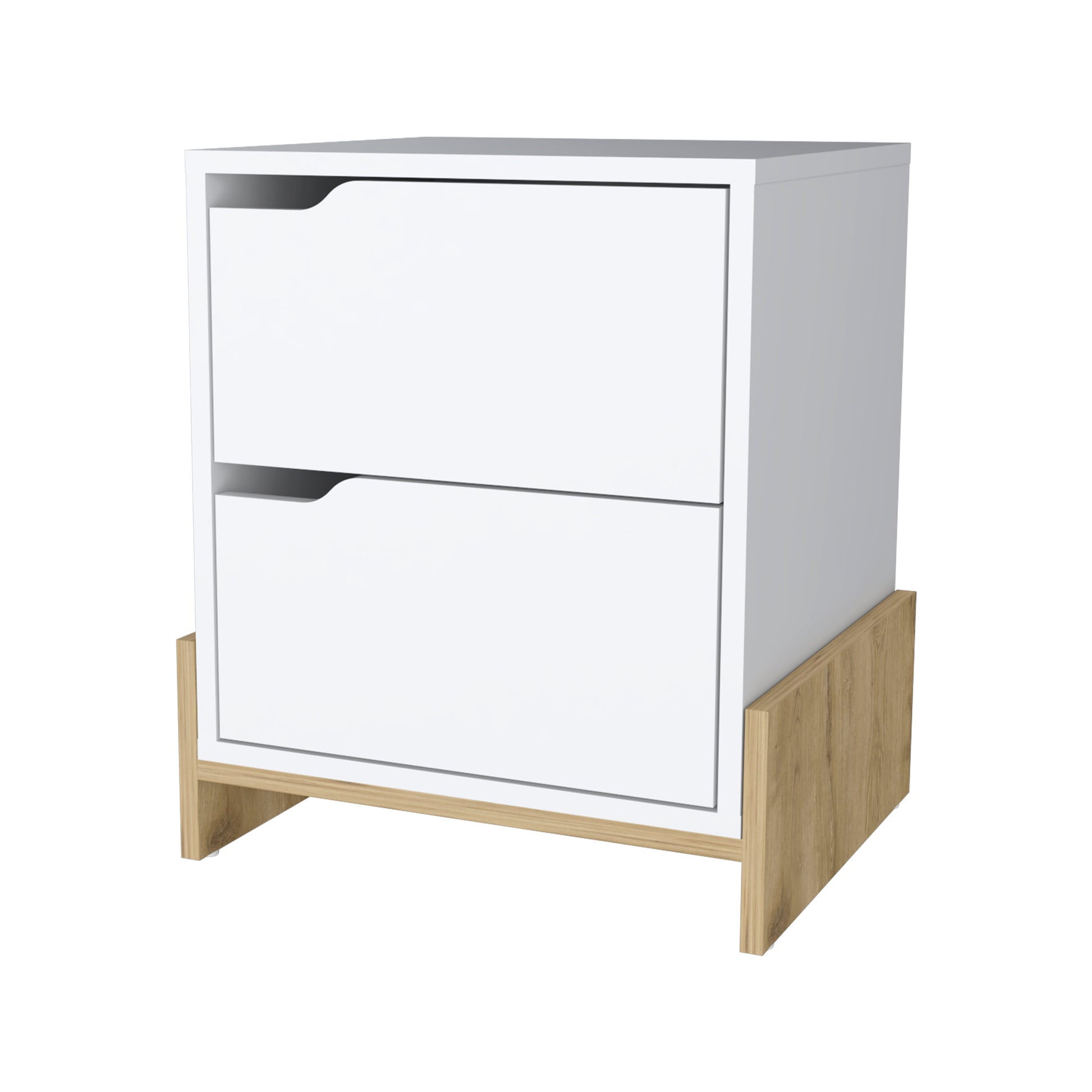 Modern white twodrawer nightstand with natural wood base