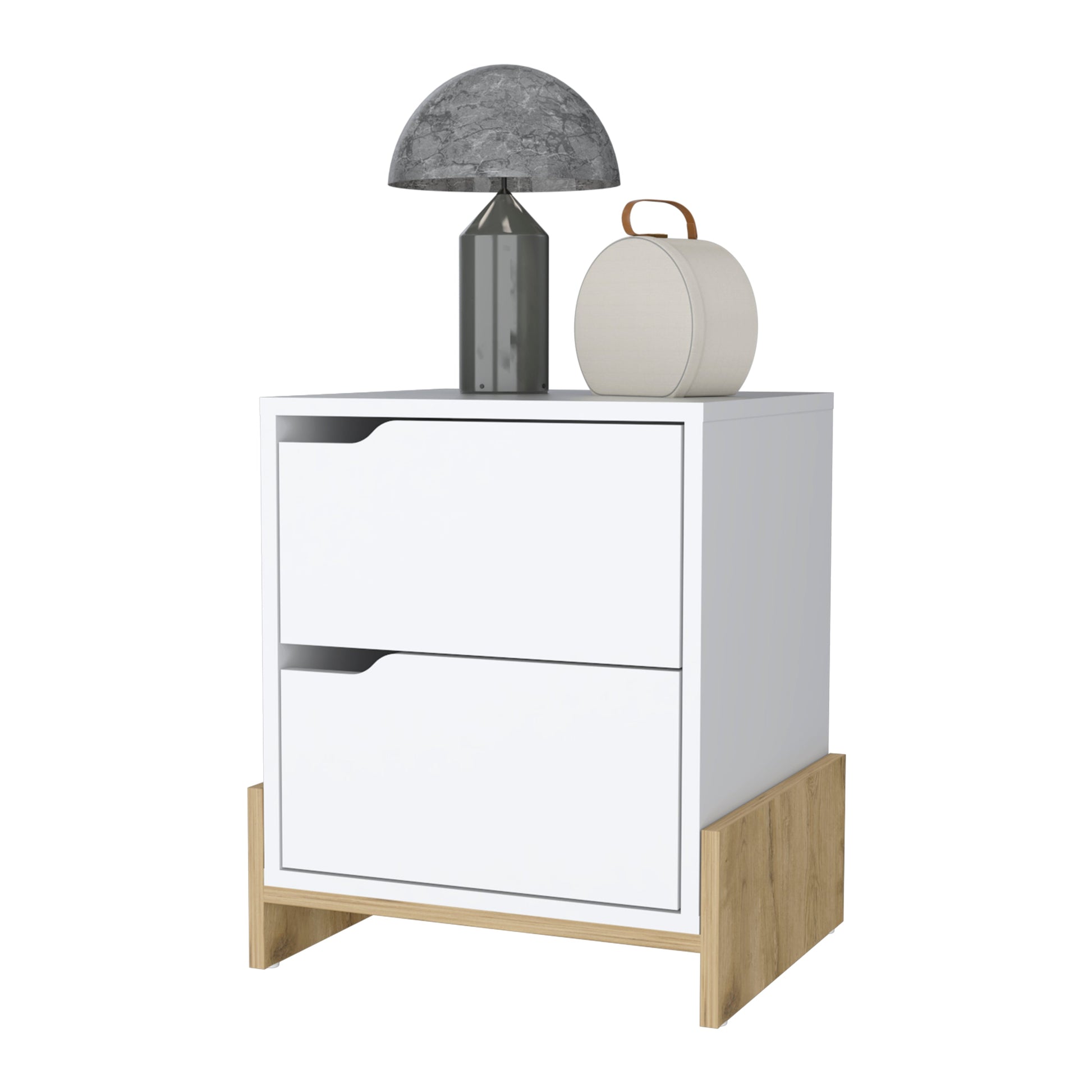 Modern white nightstand with two drawers and wood accents featuring a grey marbled lamp and decorative orb