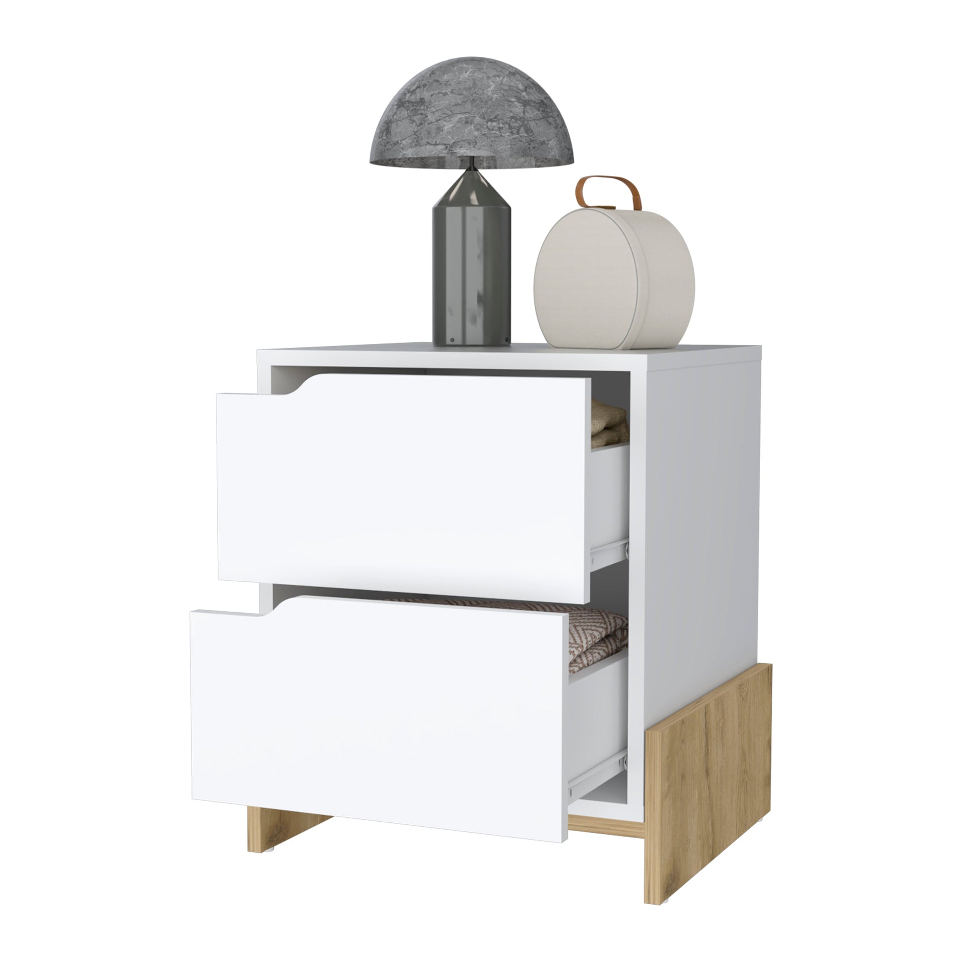 White twodrawer nightstand with faux wood accents and a round decorative box on top