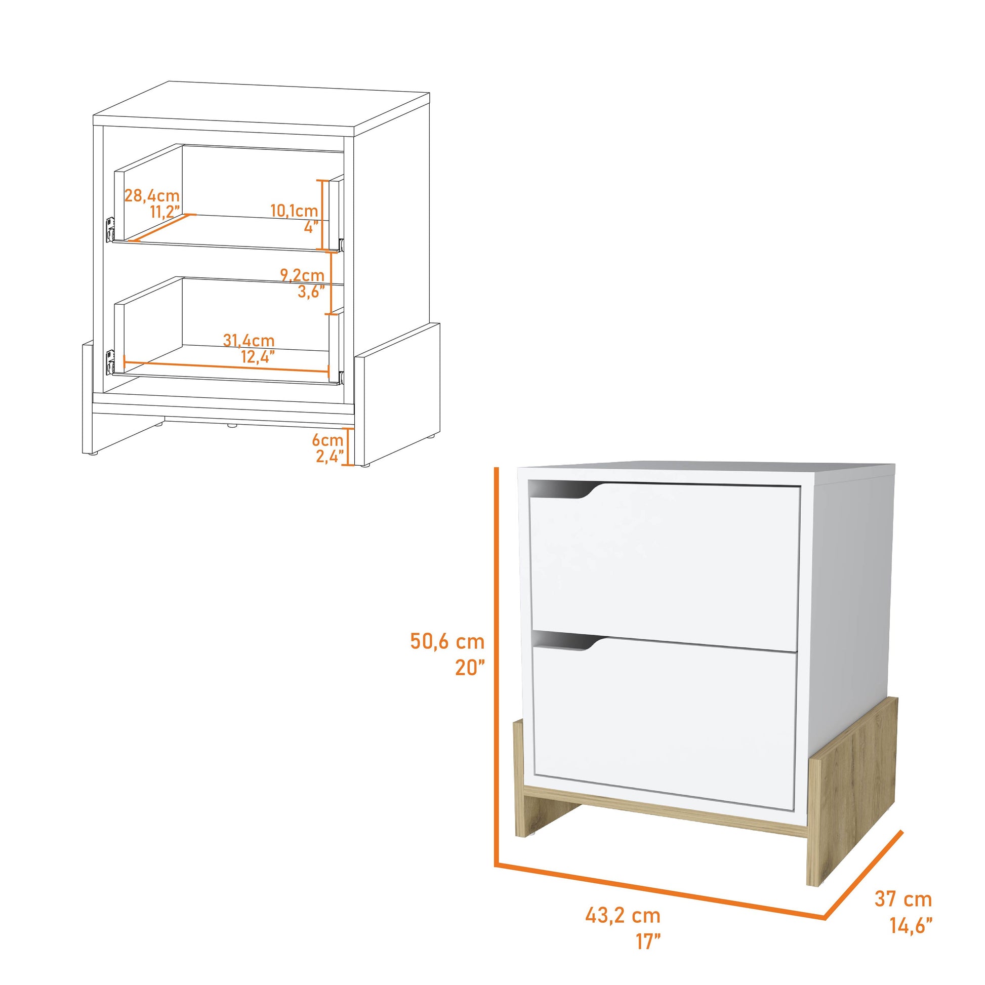 White twodrawer nightstand with oak wood base modern design for bedroom storage
