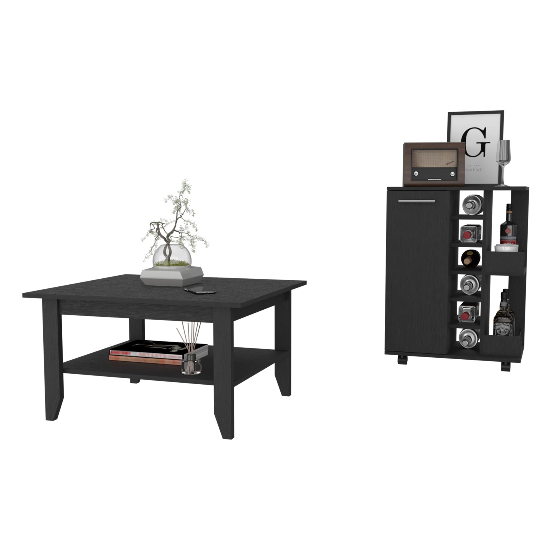 Black modern coffee table with storage shelf holding books and diffuser