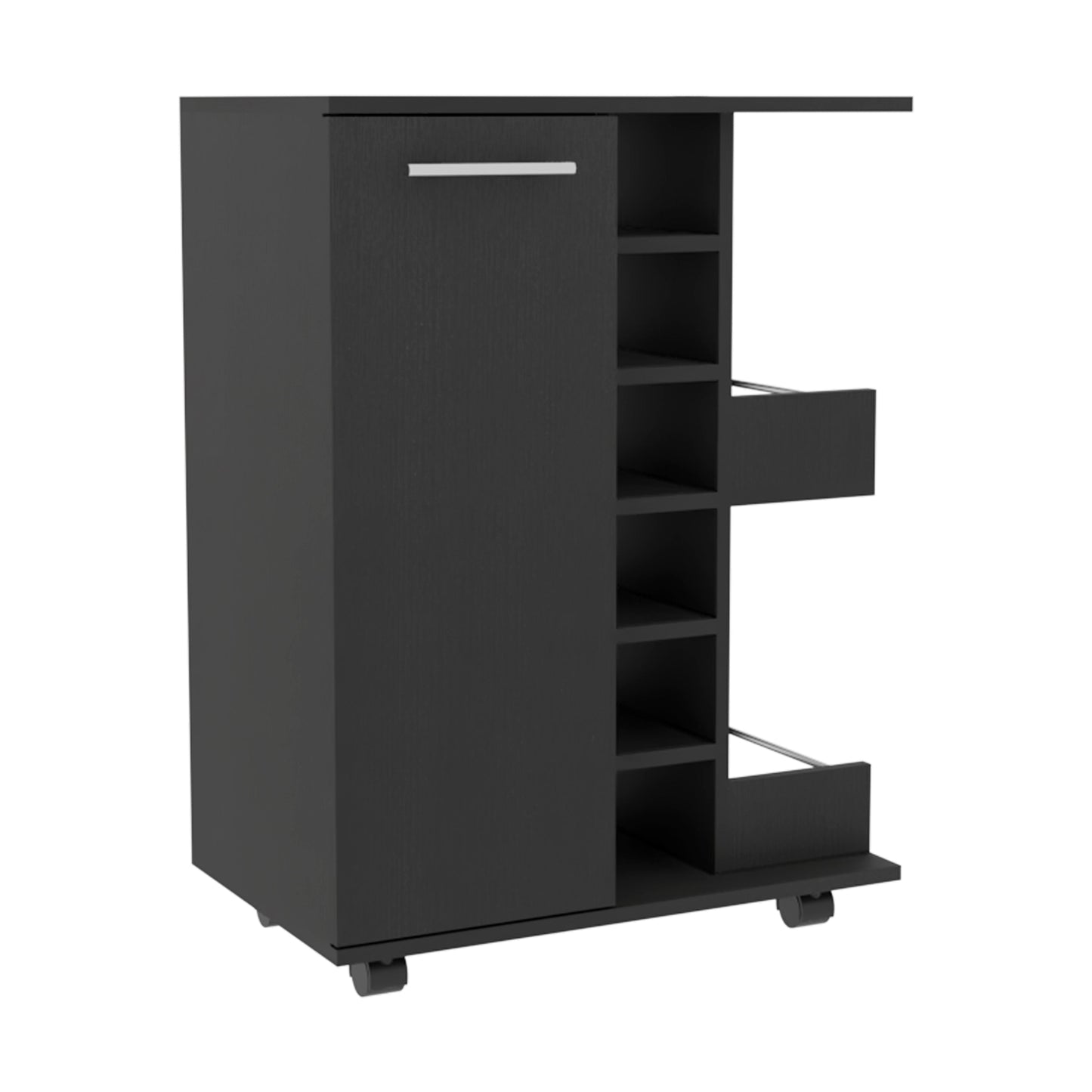Modern black kitchen cart with sliding extension and wine rack perfect for small spaces