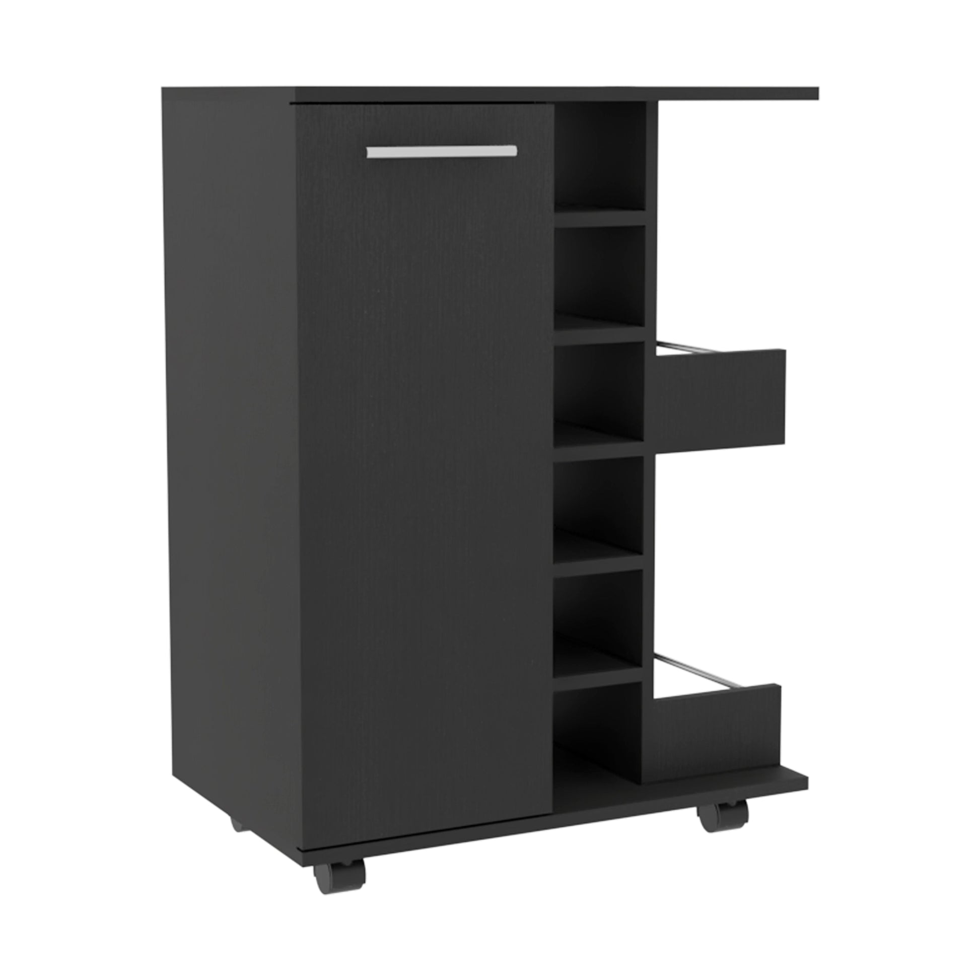 Modern black kitchen cart with sliding extension and wine rack perfect for small spaces
