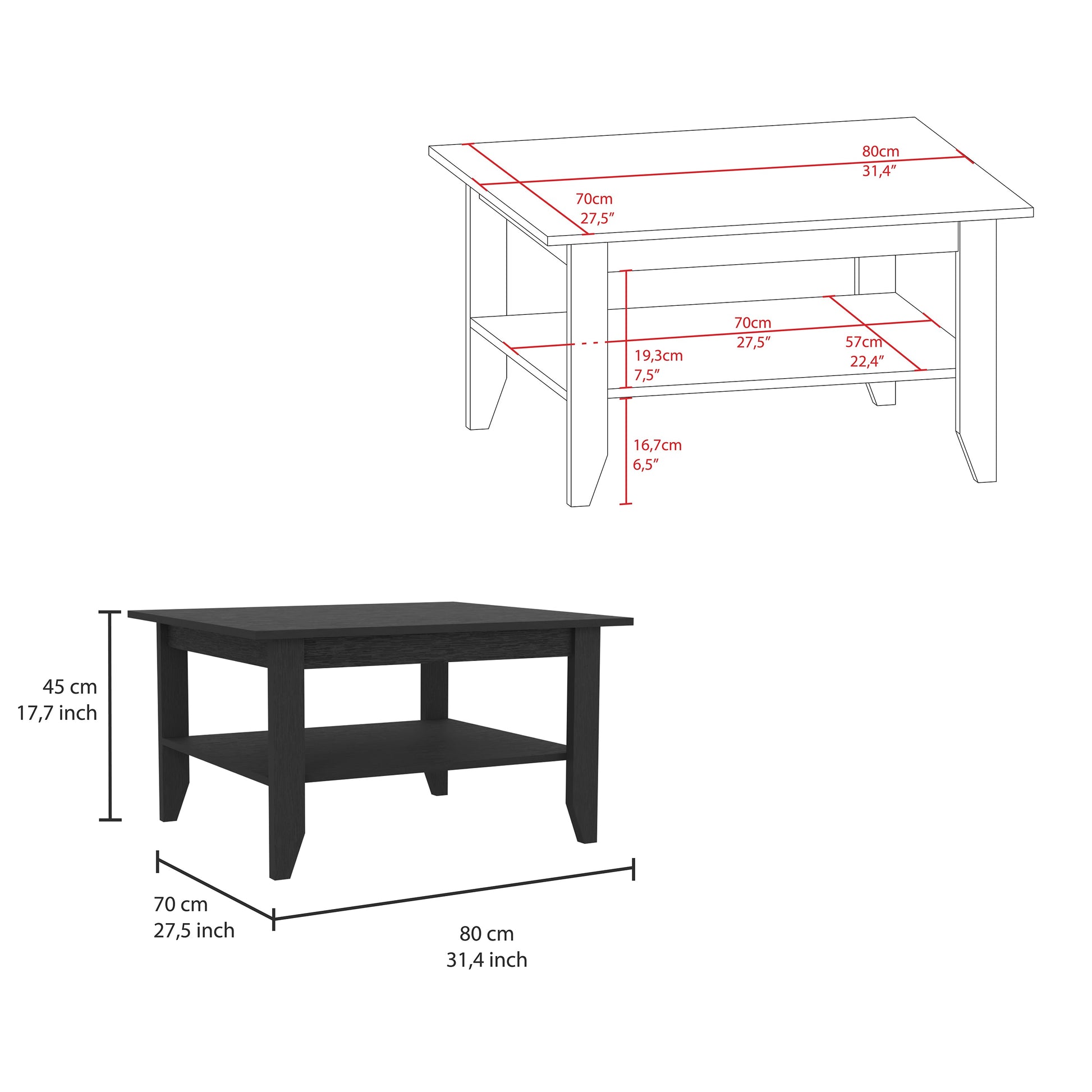 Black wooden coffee table with two shelves cm width