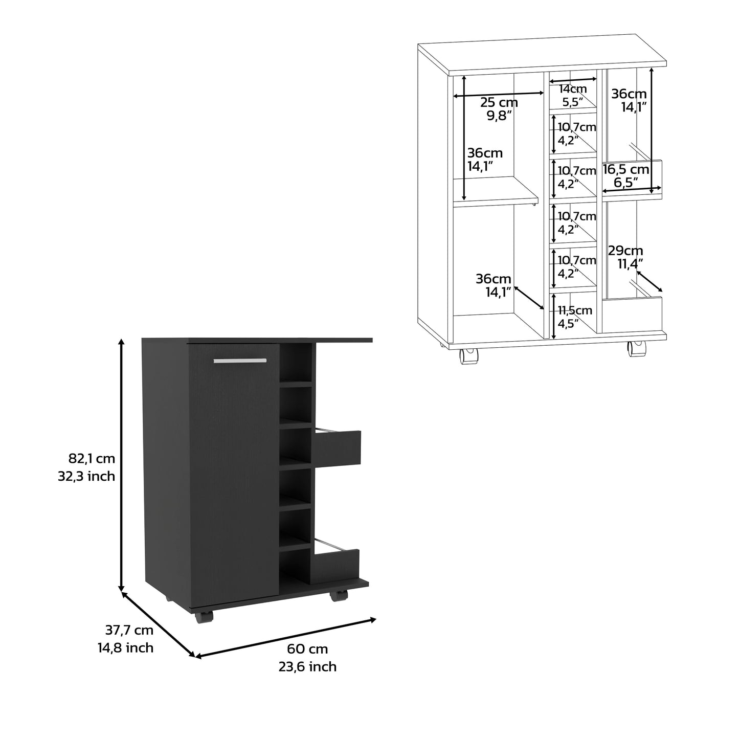 Black rolling kitchen cart with one door and open shelves cm width