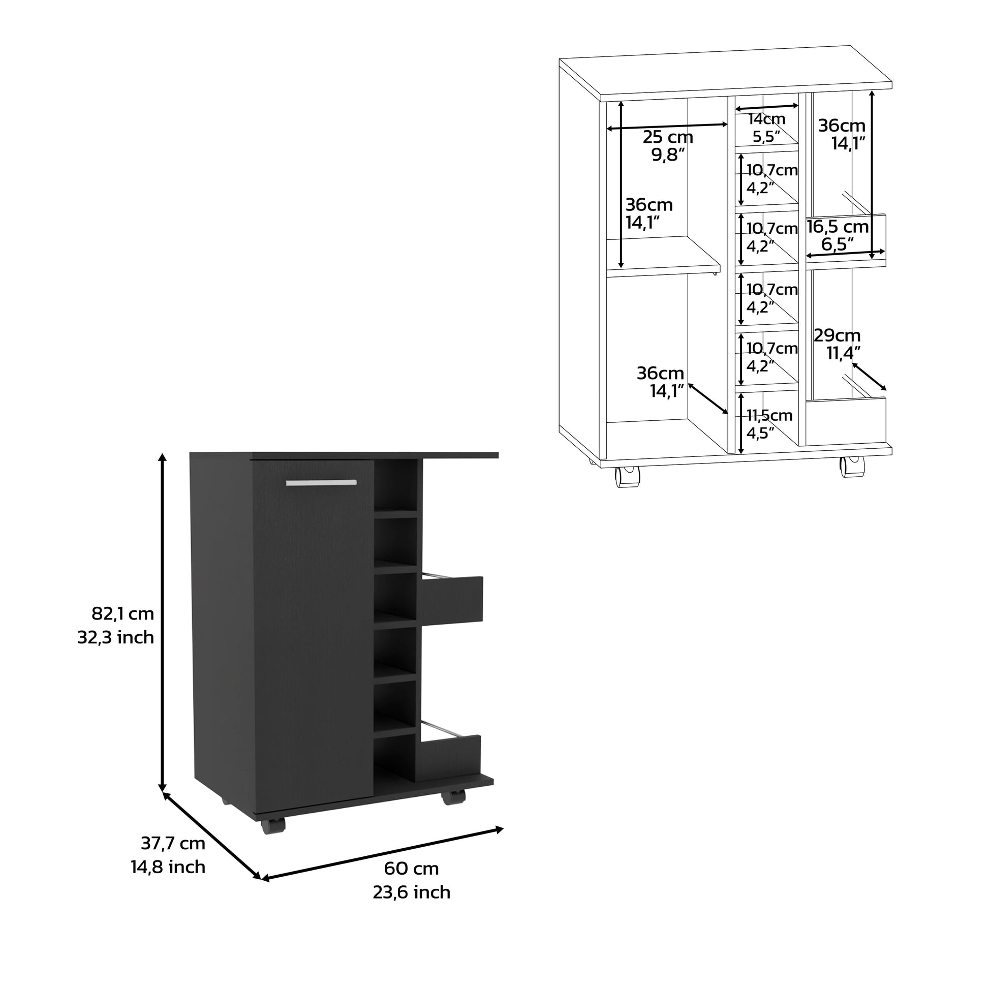 Black rolling kitchen cart with one door and open shelves cm width