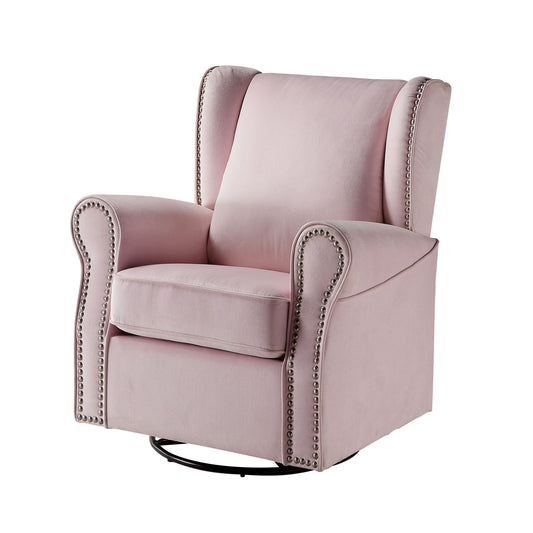 Pale pink velvet swivel recliner with silver nailhead trim ideal for a nursery