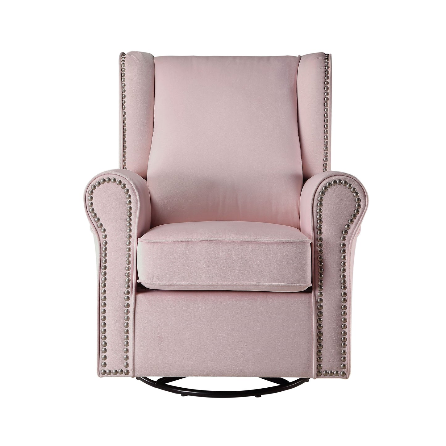 Elegant pink velvet wingback glider chair with silver nailhead trim perfect for nurseries