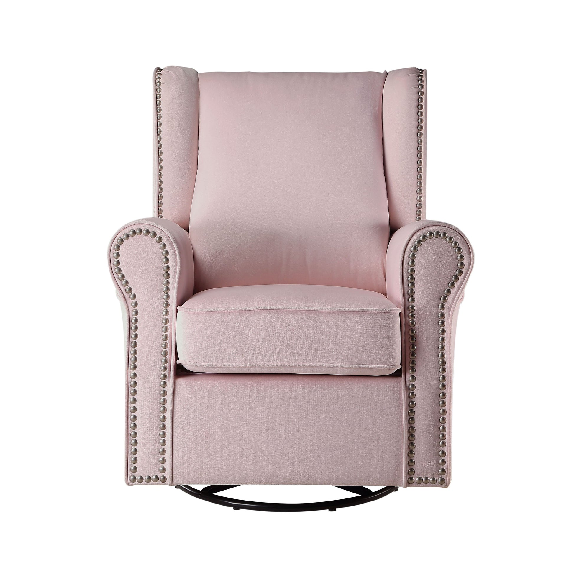Elegant pink velvet wingback glider chair with silver nailhead trim perfect for nurseries