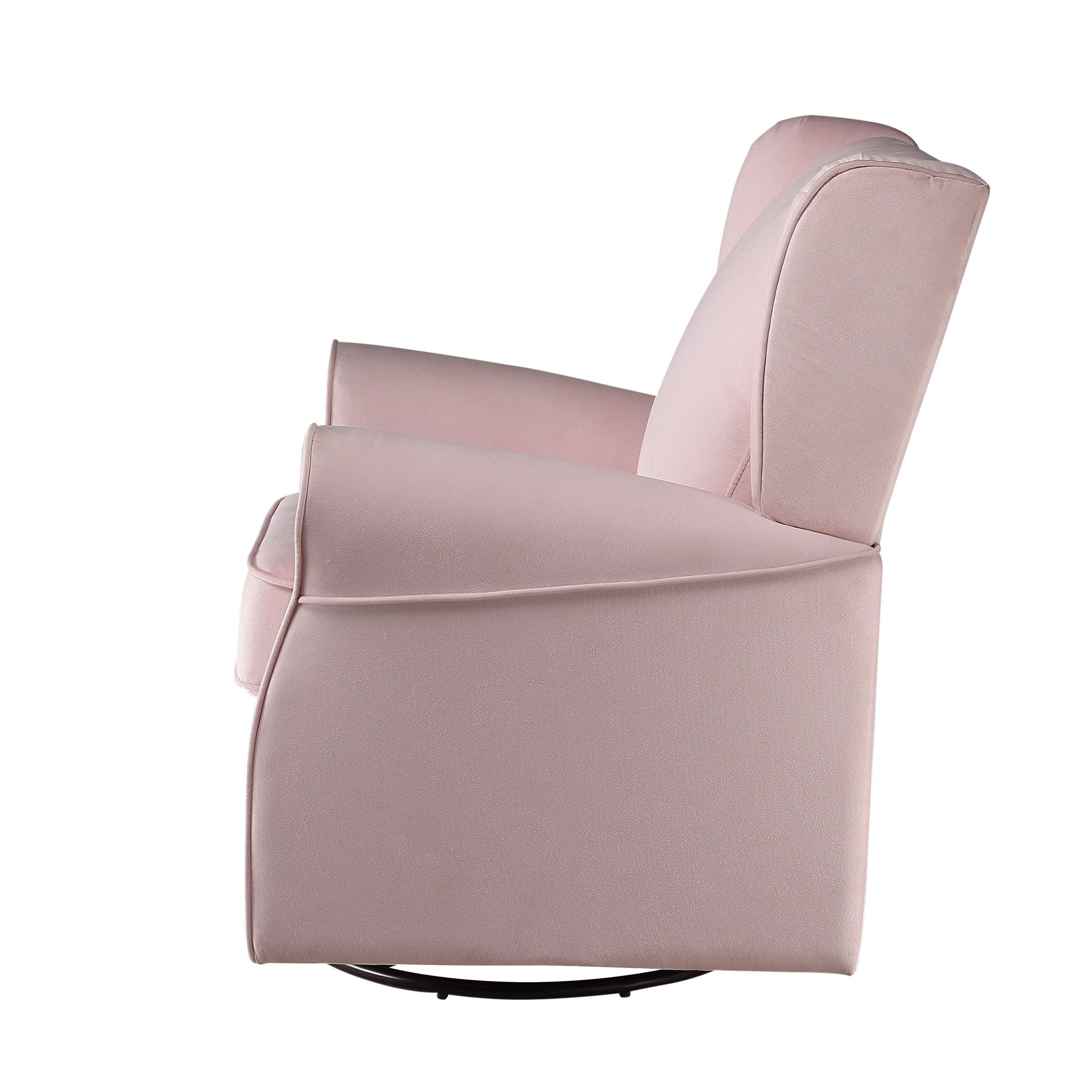Dusty rose upholstered armchair with a black metal base