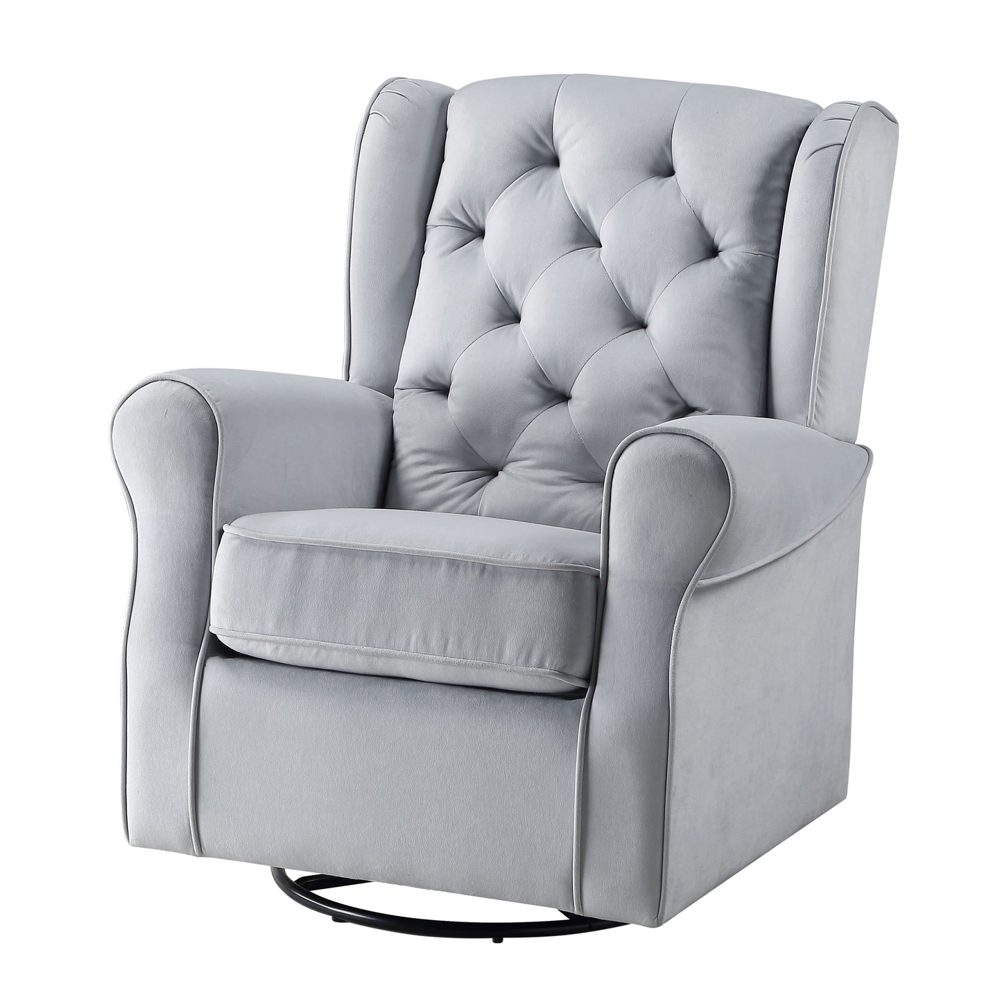 Tufted grey velvet glider recliner with winged back and plush cushions perfect for a nursery