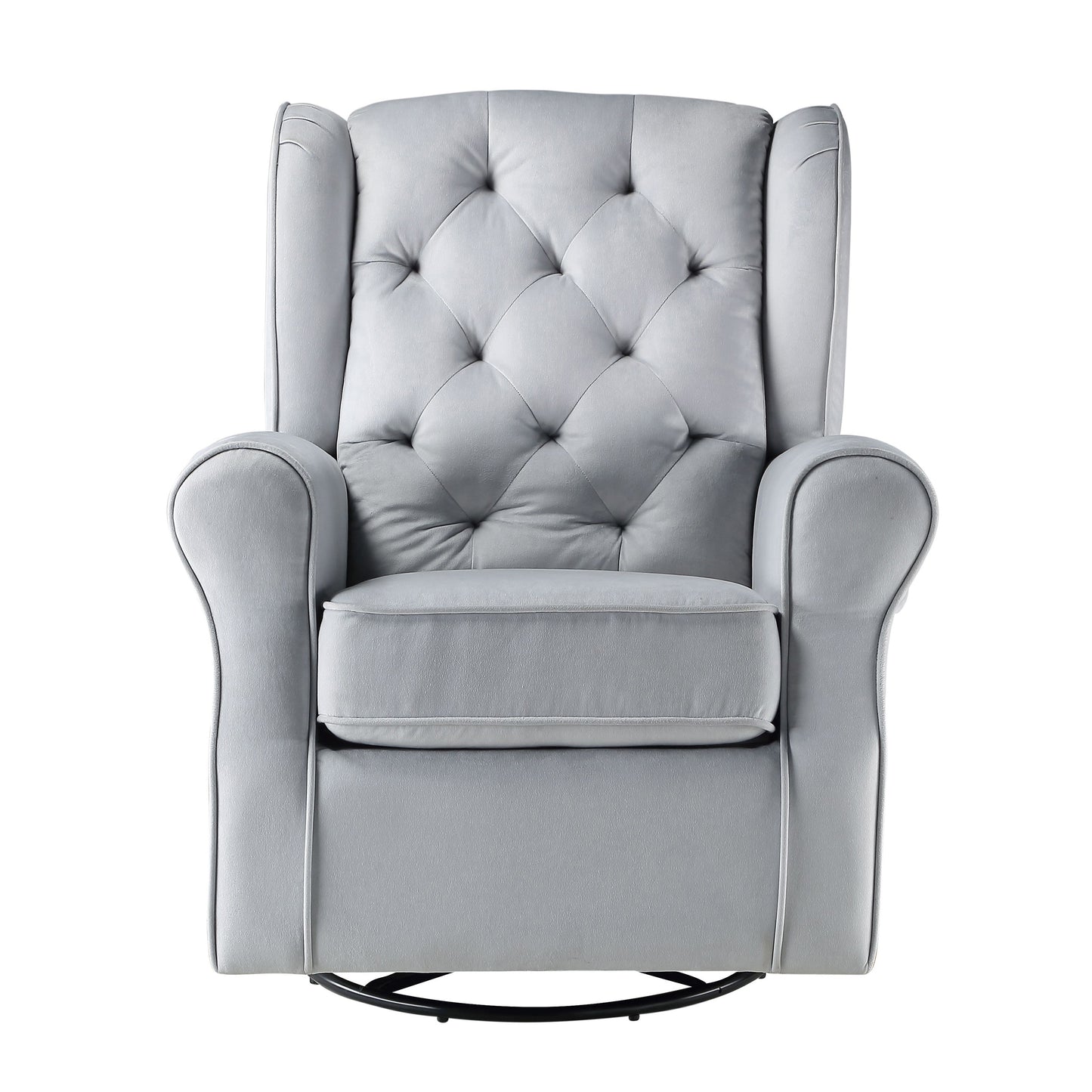Light grey tufted upholstered glider chair with curved arms and padded seat cushion
