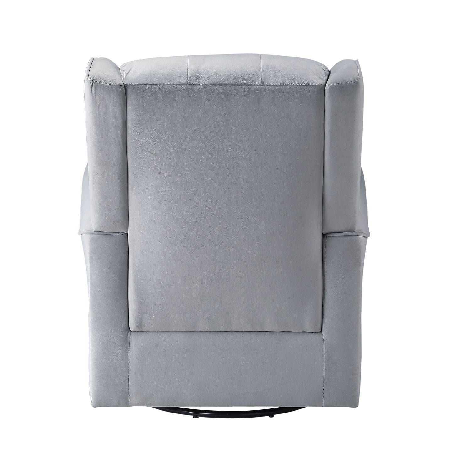 Top view of a plush grey swivel recliner chair with tufted back and padded arms