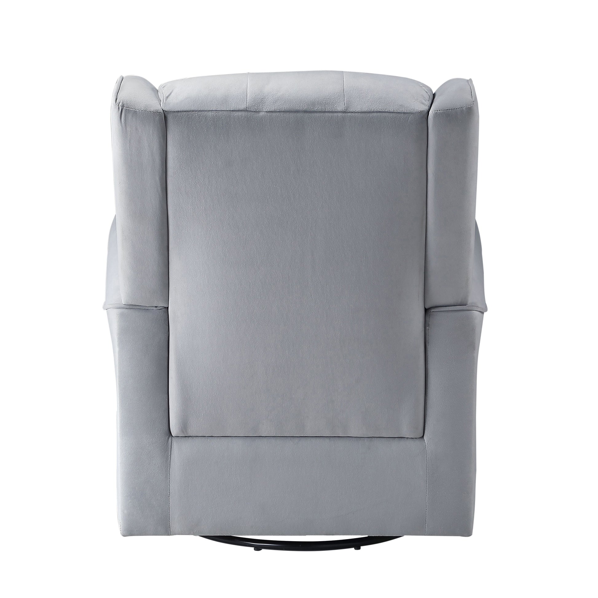 Top view of a plush grey swivel recliner chair with tufted back and padded arms