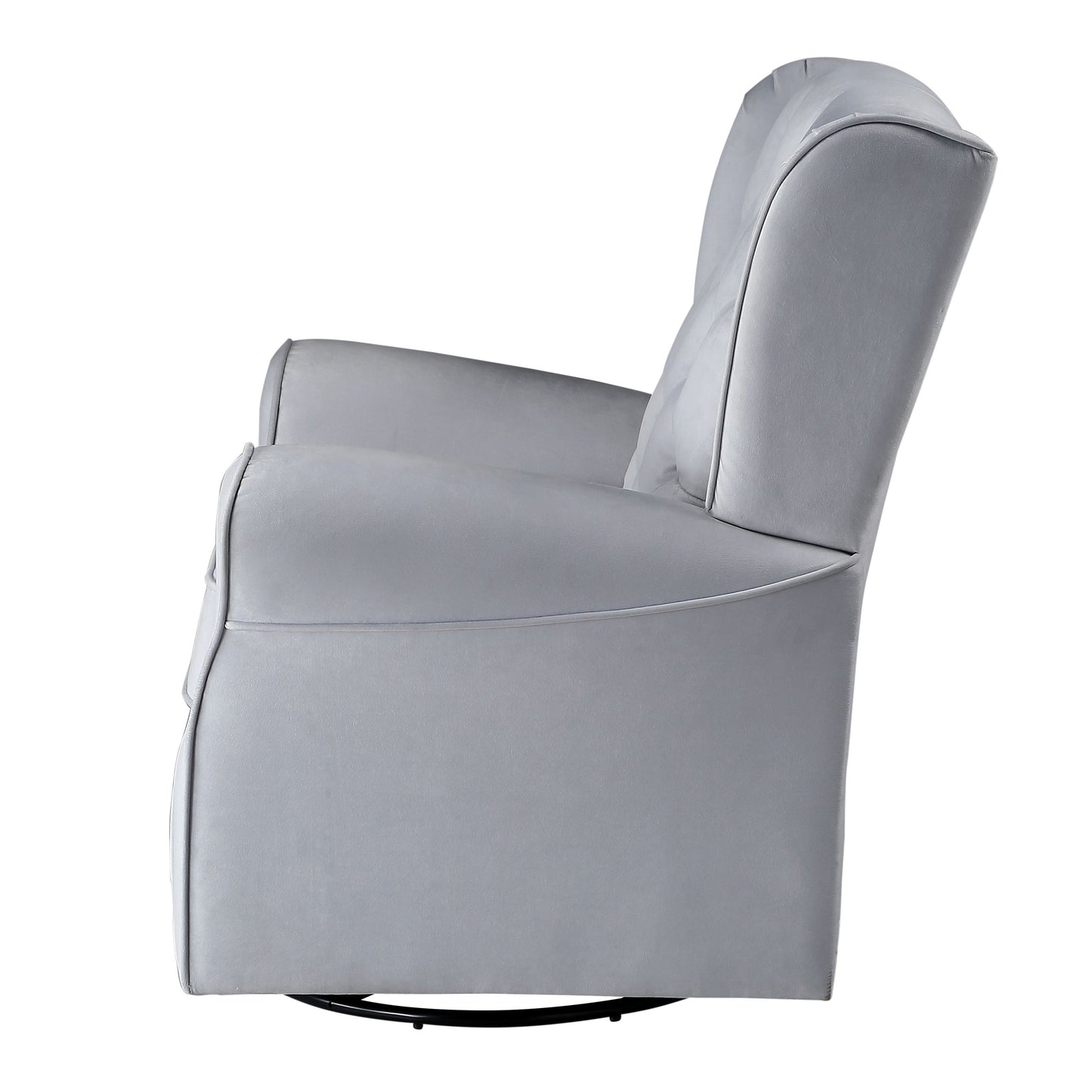 Modern grey fabric swivel recliner with tufted backrest and padded armrests